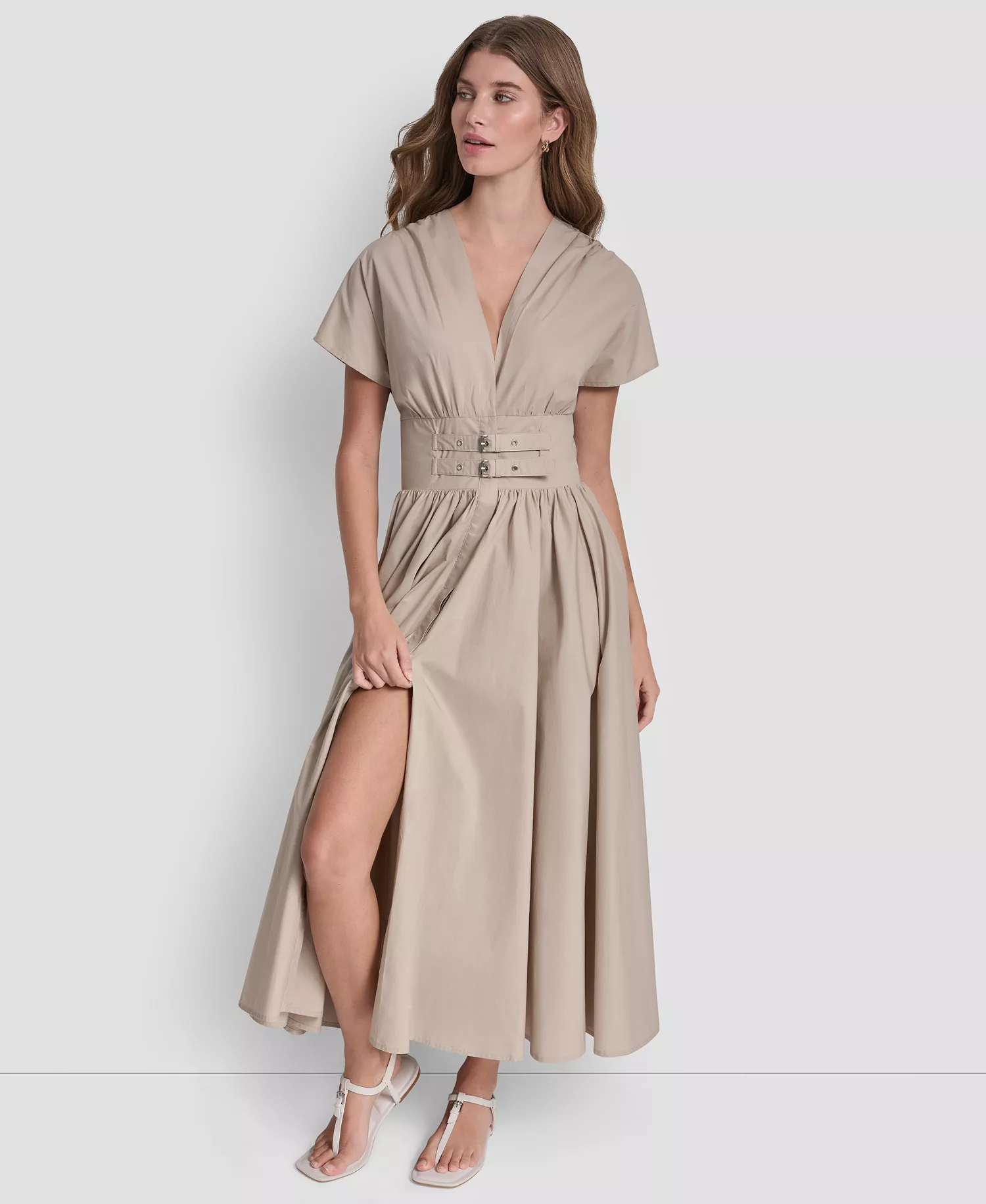 Women's Poplin Smocked-Waist V-Neck Midi Dress - Pebble - L