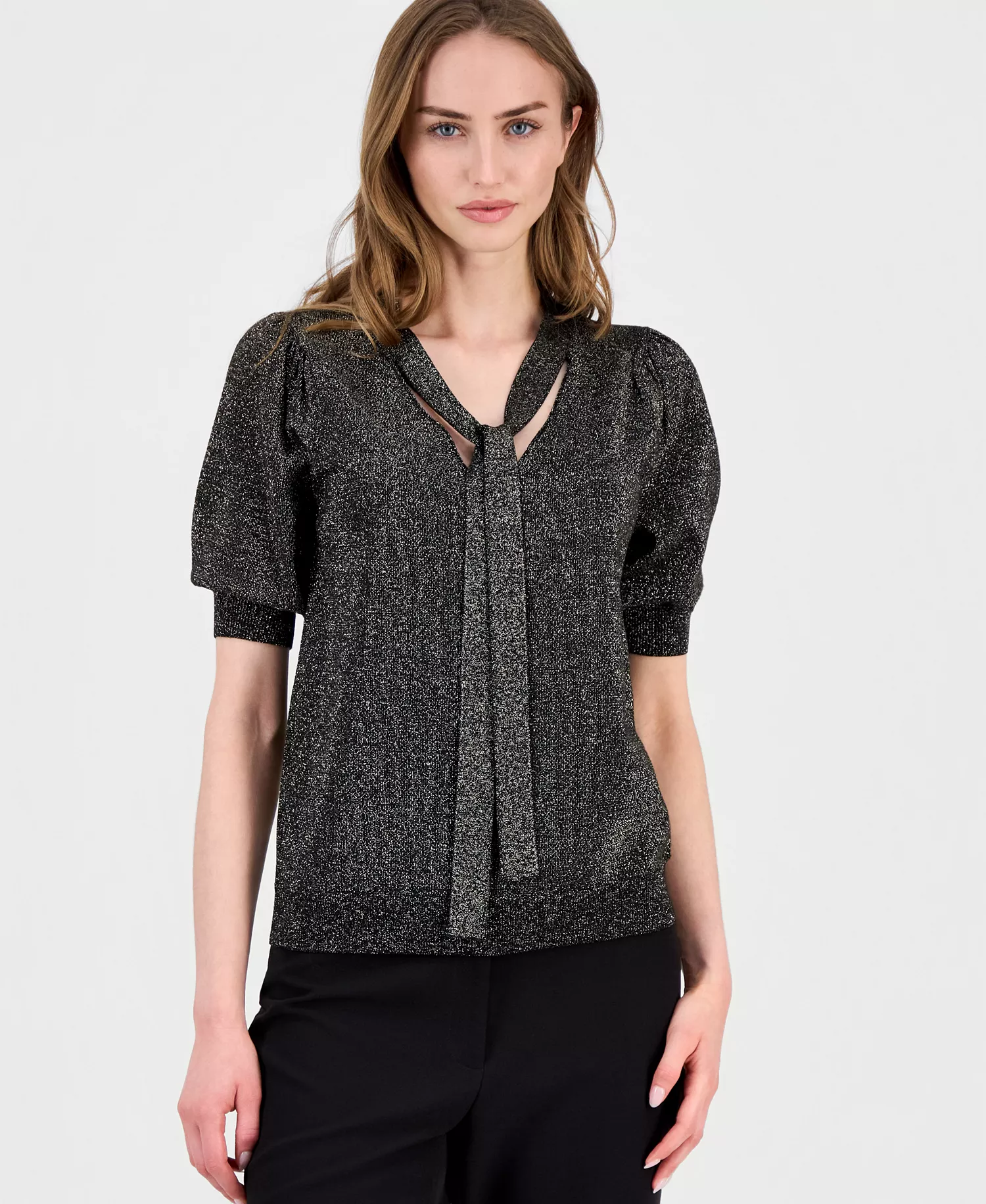 Women's Tie-Neck Elbow-Sleeve Metallic Top - Black Lurex - L