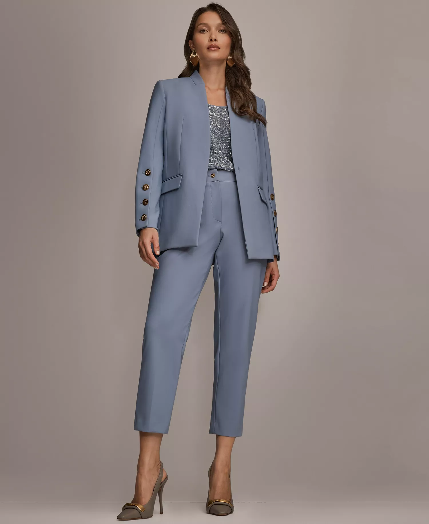Women's Button Sleeve Blazer, Slim Ankle Pants and Sequin Camisole - Tempest - 0