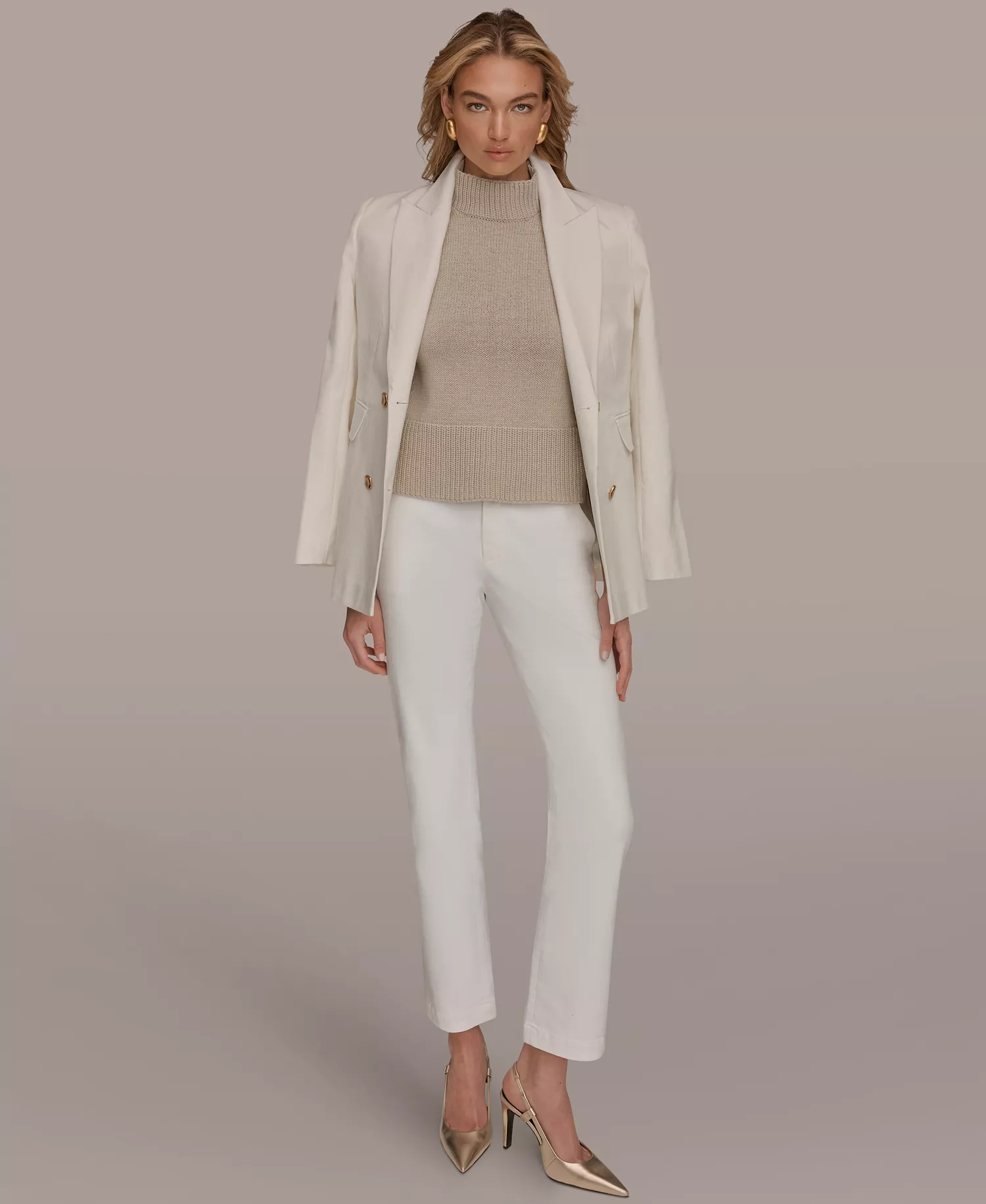 Women's Double Breasted Denim Jacket - Cream - L