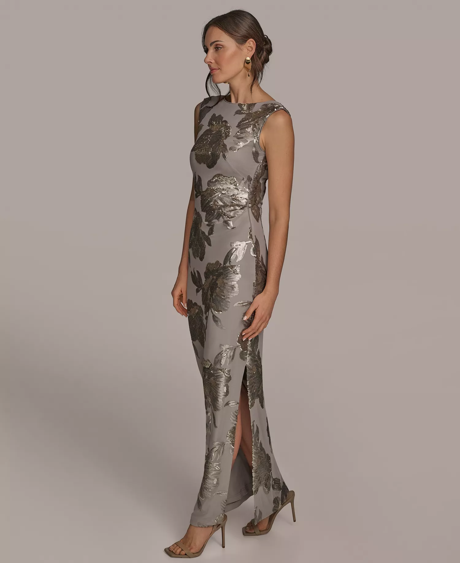 Women's Floral-Sequined Gown - Dark Clay - 14