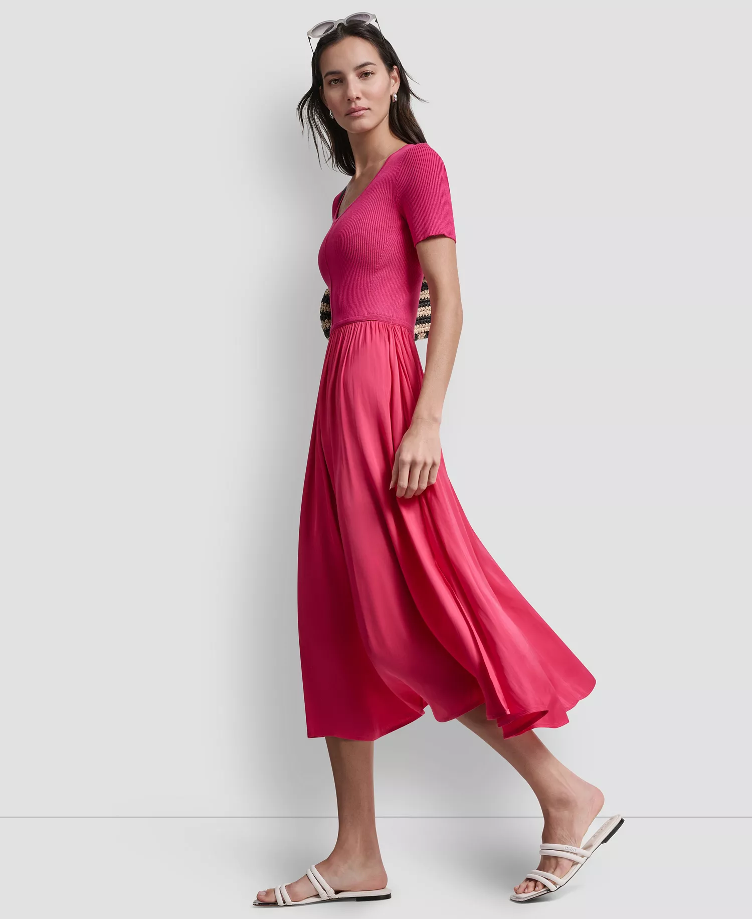 Women's Short-Sleeve Mixed Media Midi Sweater Dress - Hot Pink - L