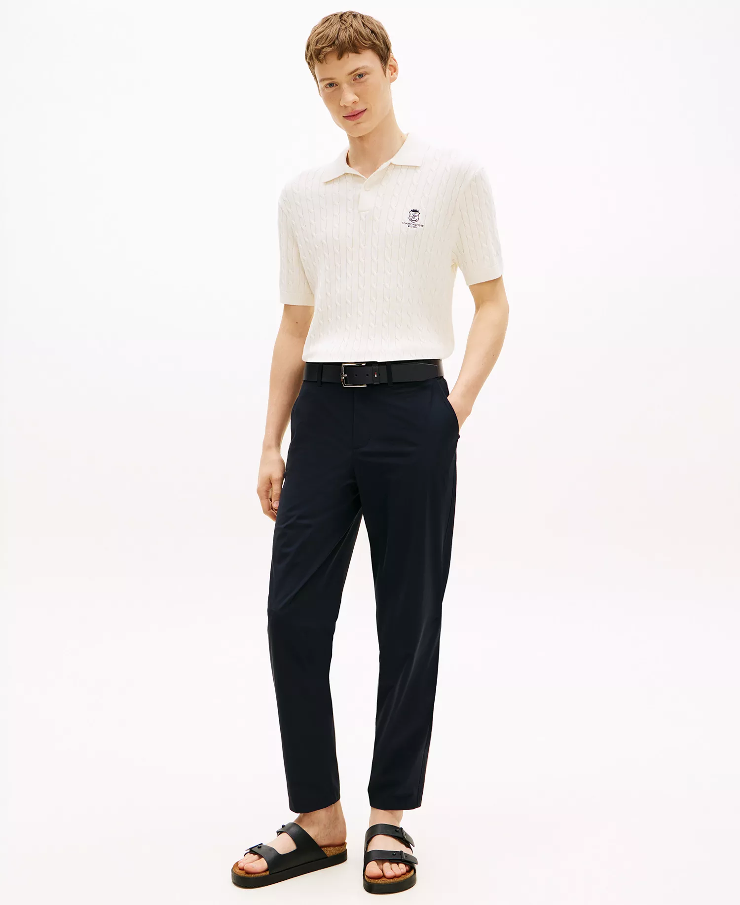 Men's Cable Knit Short-Sleeve Polo Shirt - Ivory Petal - L