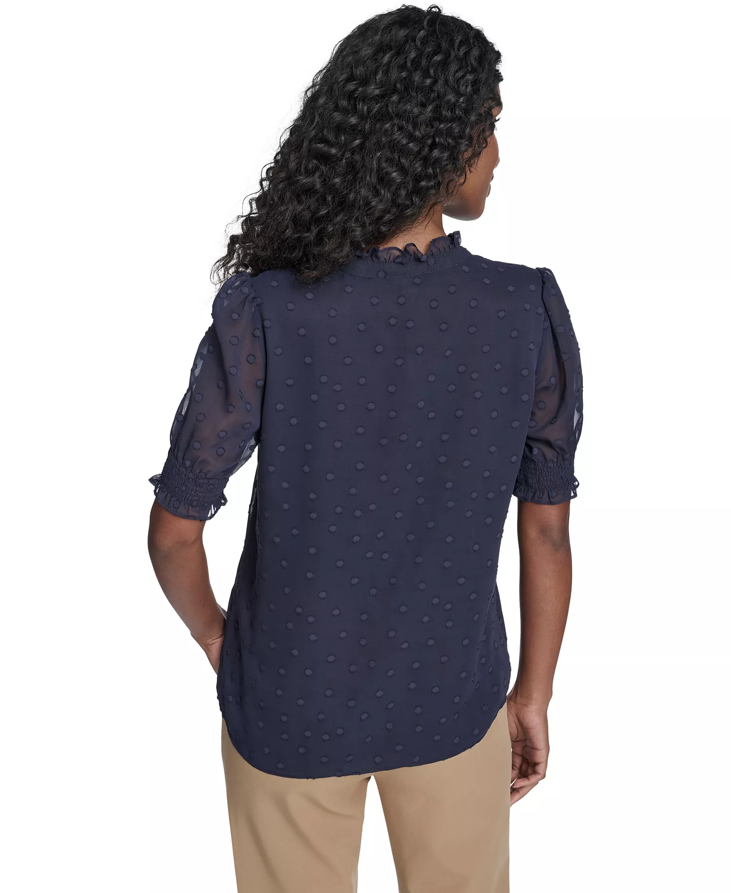 Women's Floral Clip Mock Neck Short Sleeve Blouse - Midnight - L