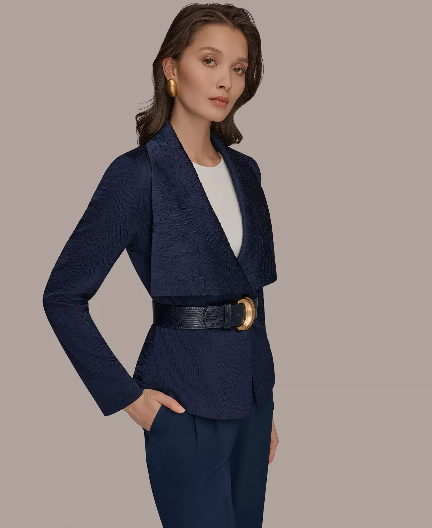 Women's Novelty Wide Lapel Belted Blazer - Nightfall - 0