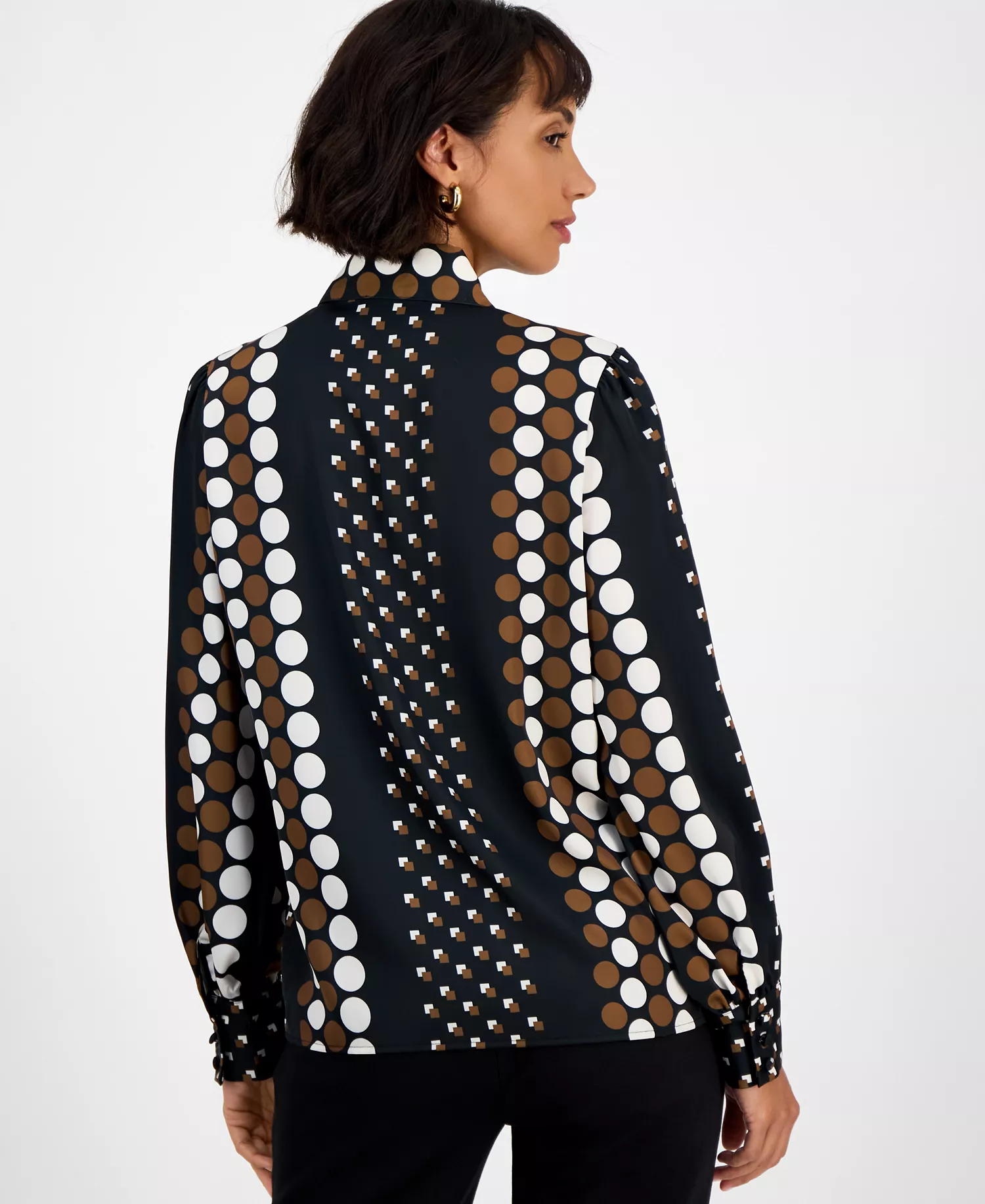 Women's Printed Tie-Neck Long-Sleeve Blouse  - Wallpaper Dot - S