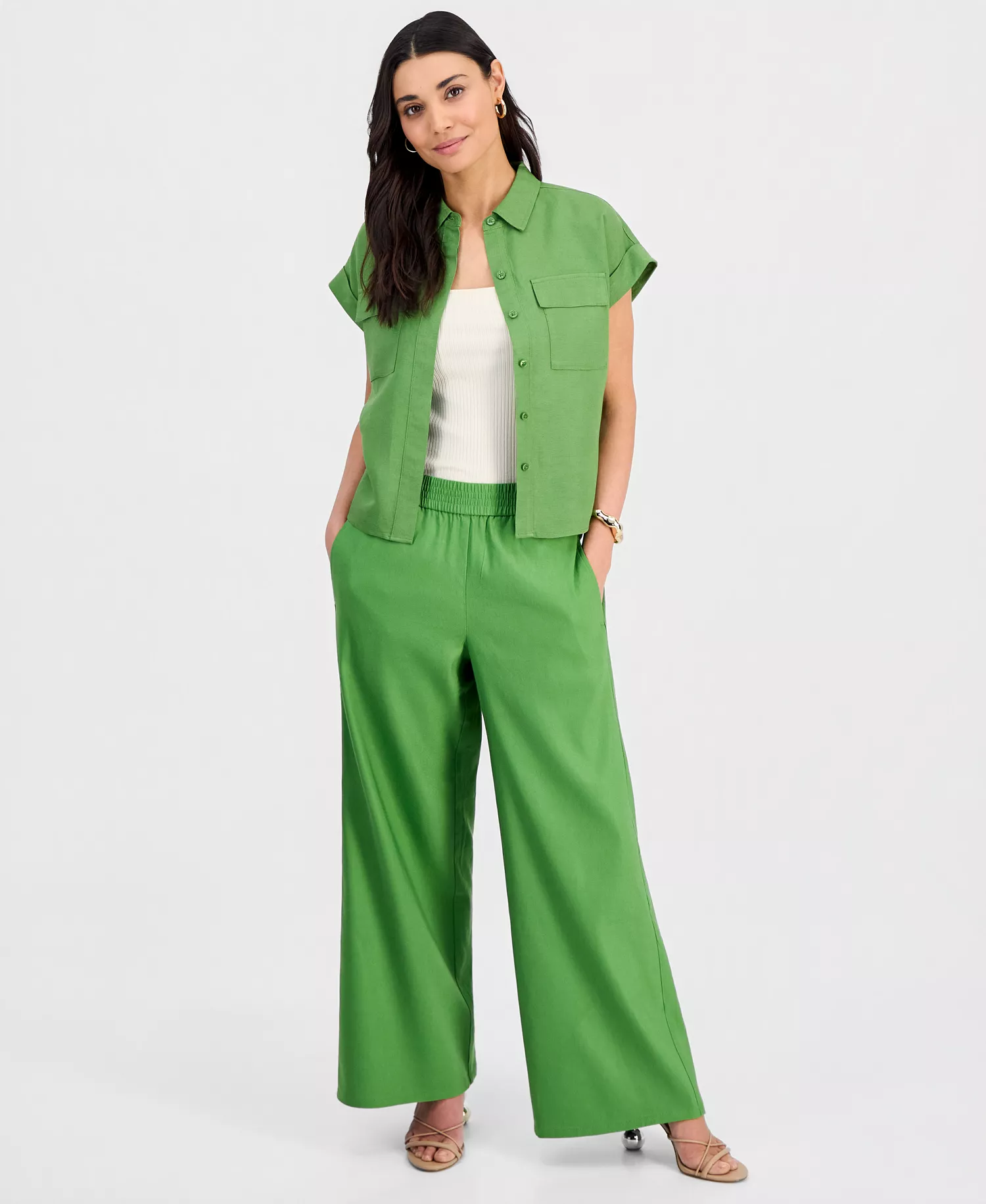 Petite High-Rise Pull-On Wide-Leg Pants, Created for Macy's - Fresh Basil - P/L