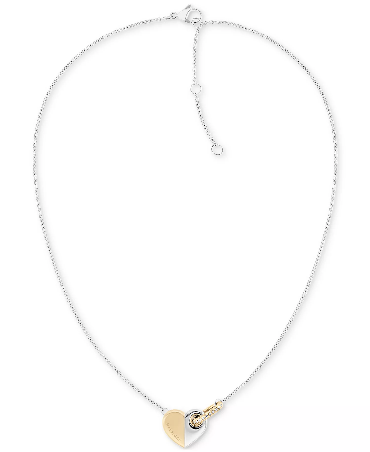 Two-Tone Stainless Steel Pavé Ring & Heart Pendant Necklace, 16" + 2" extender - Silver - ONE SIZE