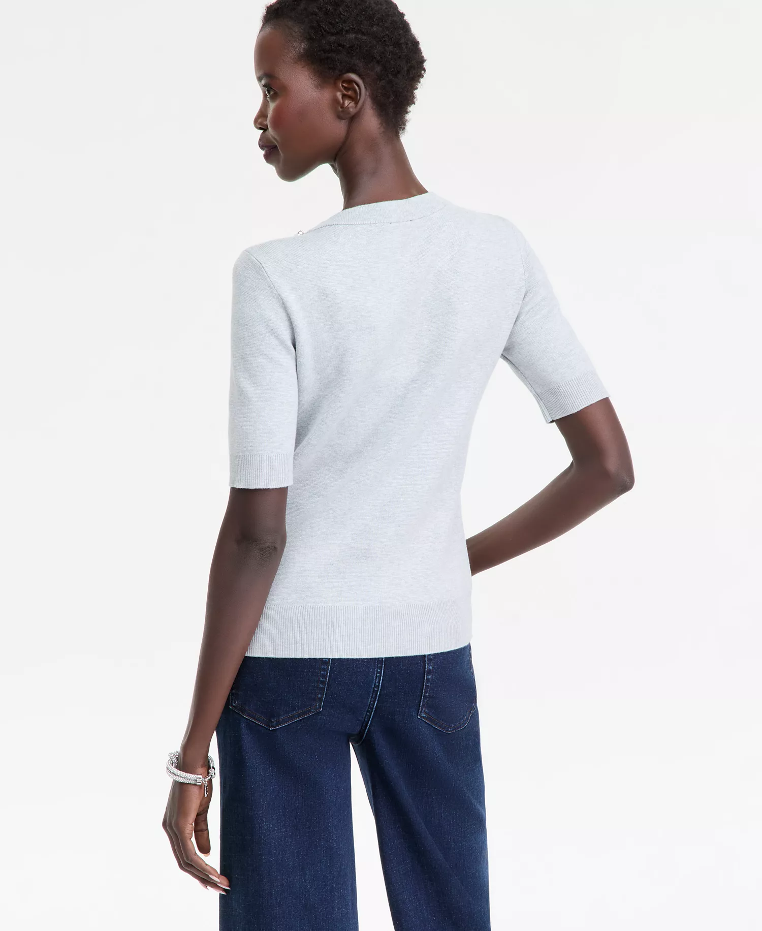 Women's Short-Sleeve Embellished-Neck Sweater, Macy's Exclusive - Hthr Belle - M