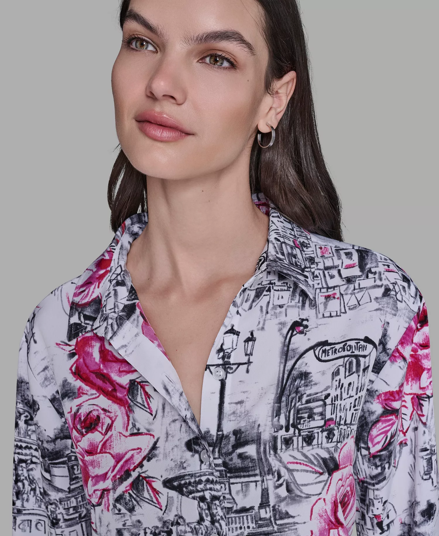 Women's Floral Print Collar Top - White multi - M