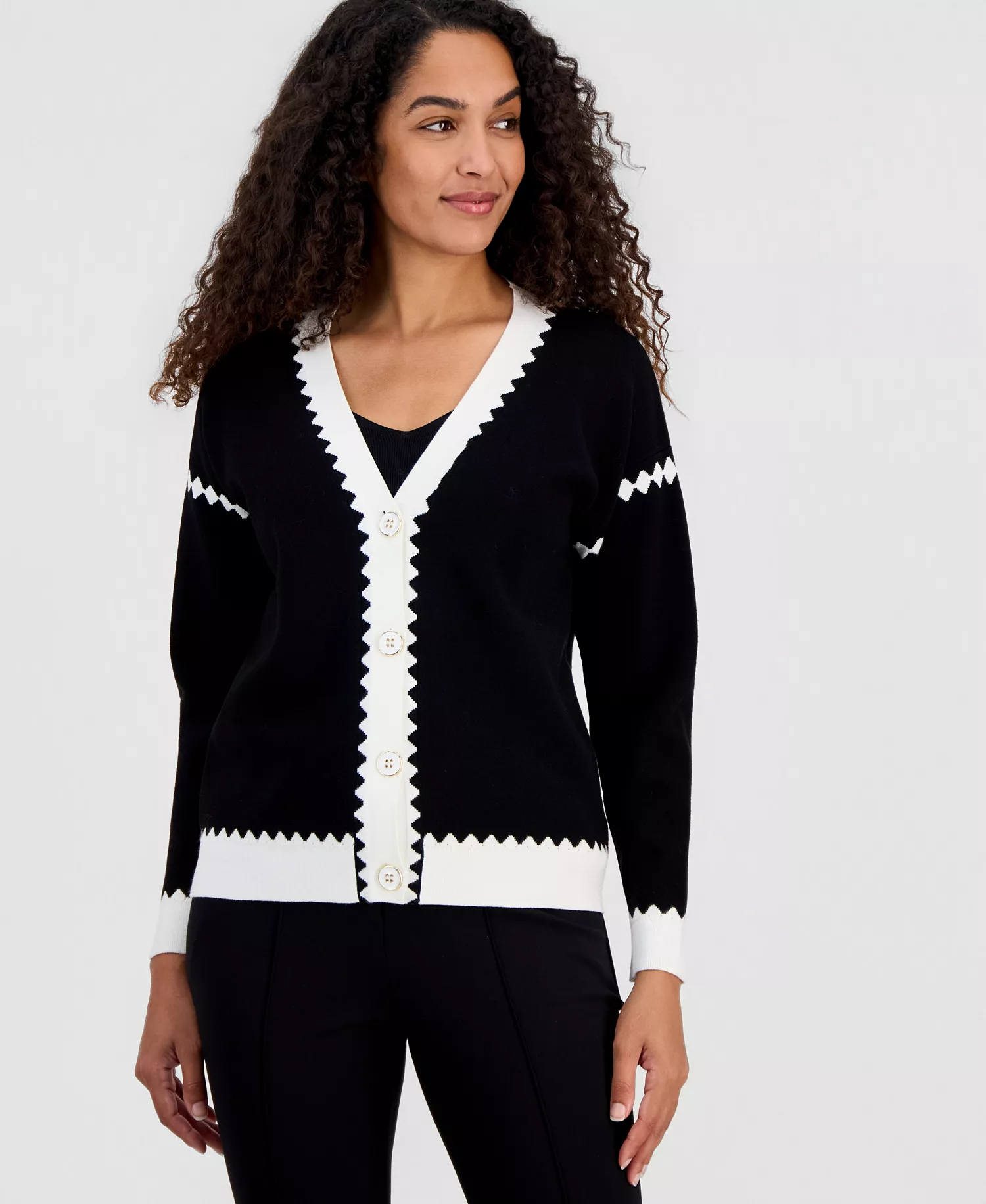 Women's Colorblocked V-Neck Button Cardigan - Black / White Star - L