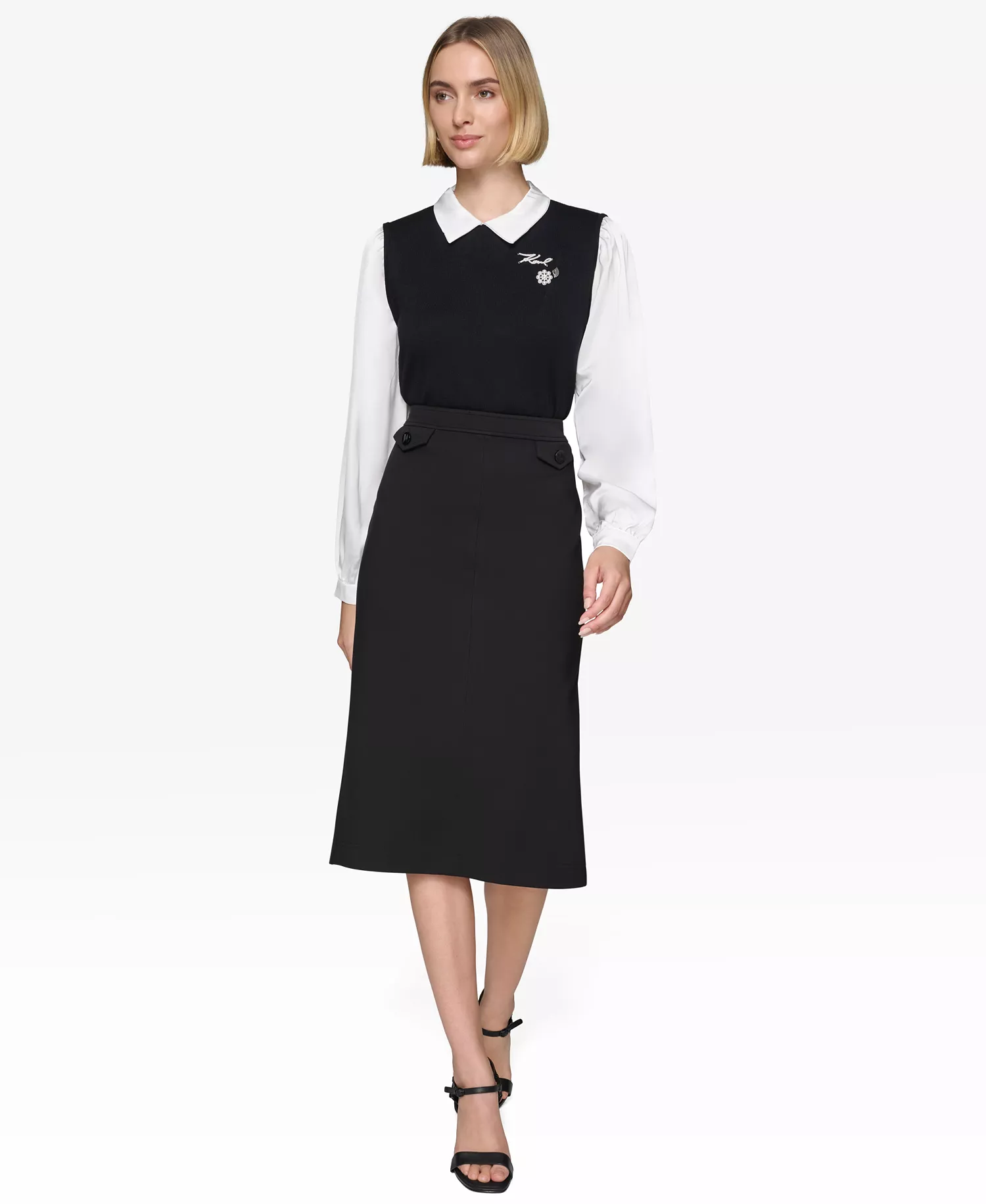 Women's Layered-Look Charm Logo Sweater Top - Blk/wht - L