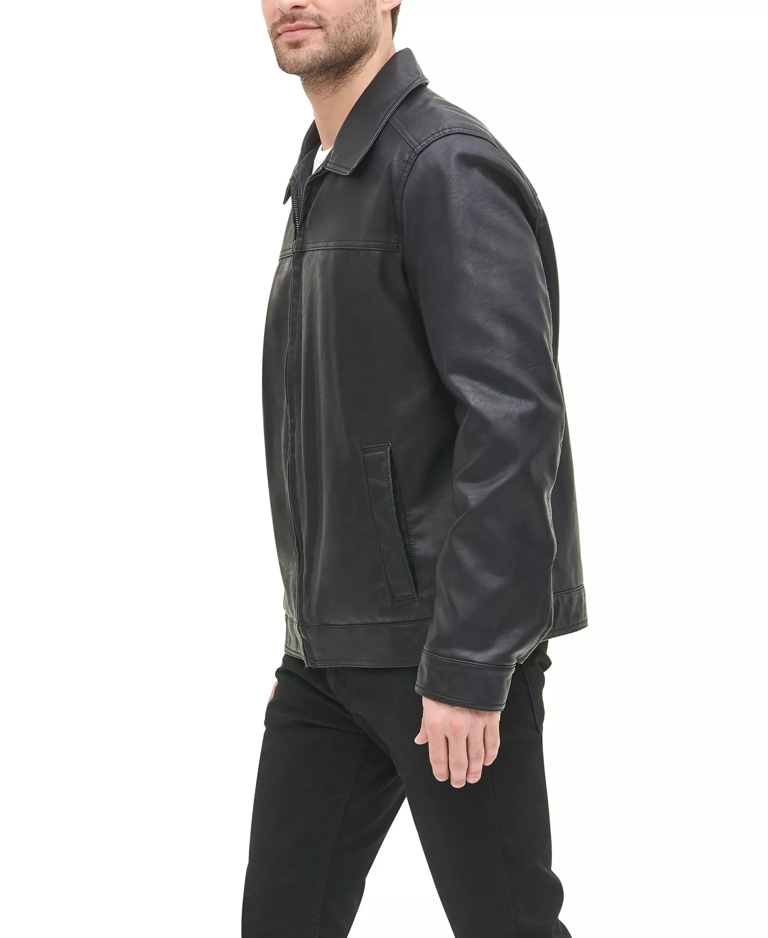 Men's Faux Leather Laydown Collar Jacket - Black - L