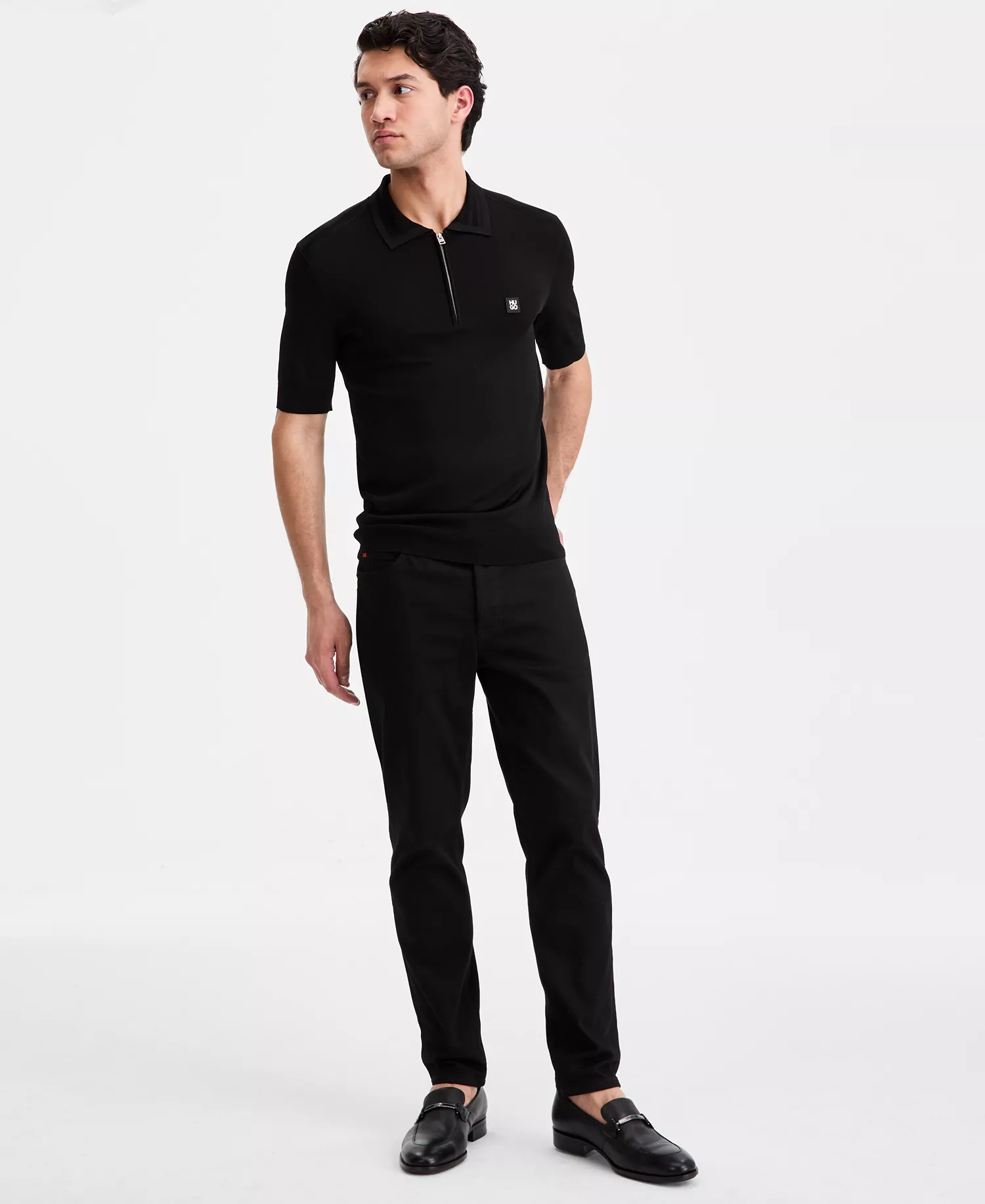 Men's Jacquard-Accent Half-Zip Polo Shirt - Black - 2XL