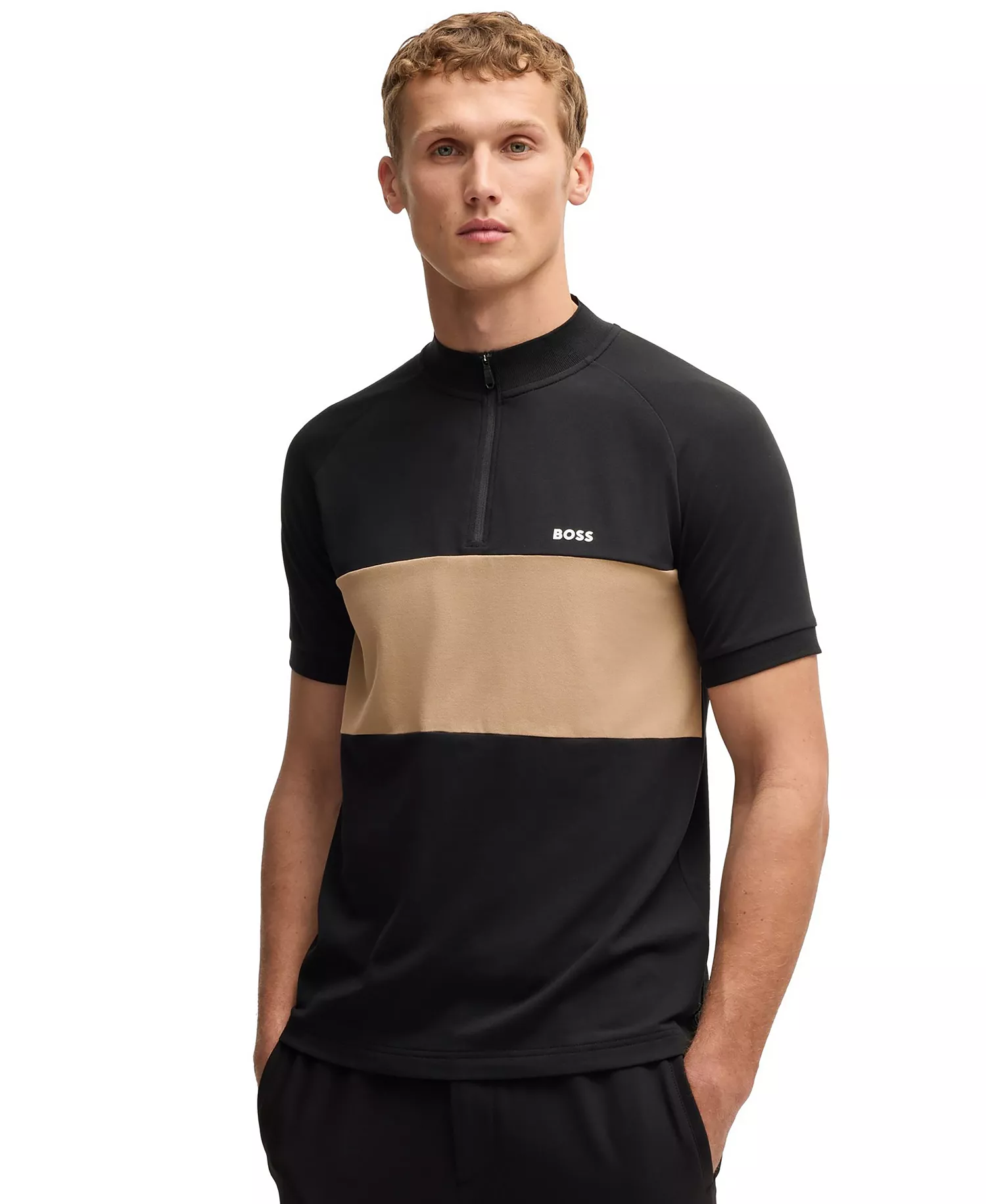 Men's Block Stripe Active Cotton-Blend Polo Shirt - Black - 2XL