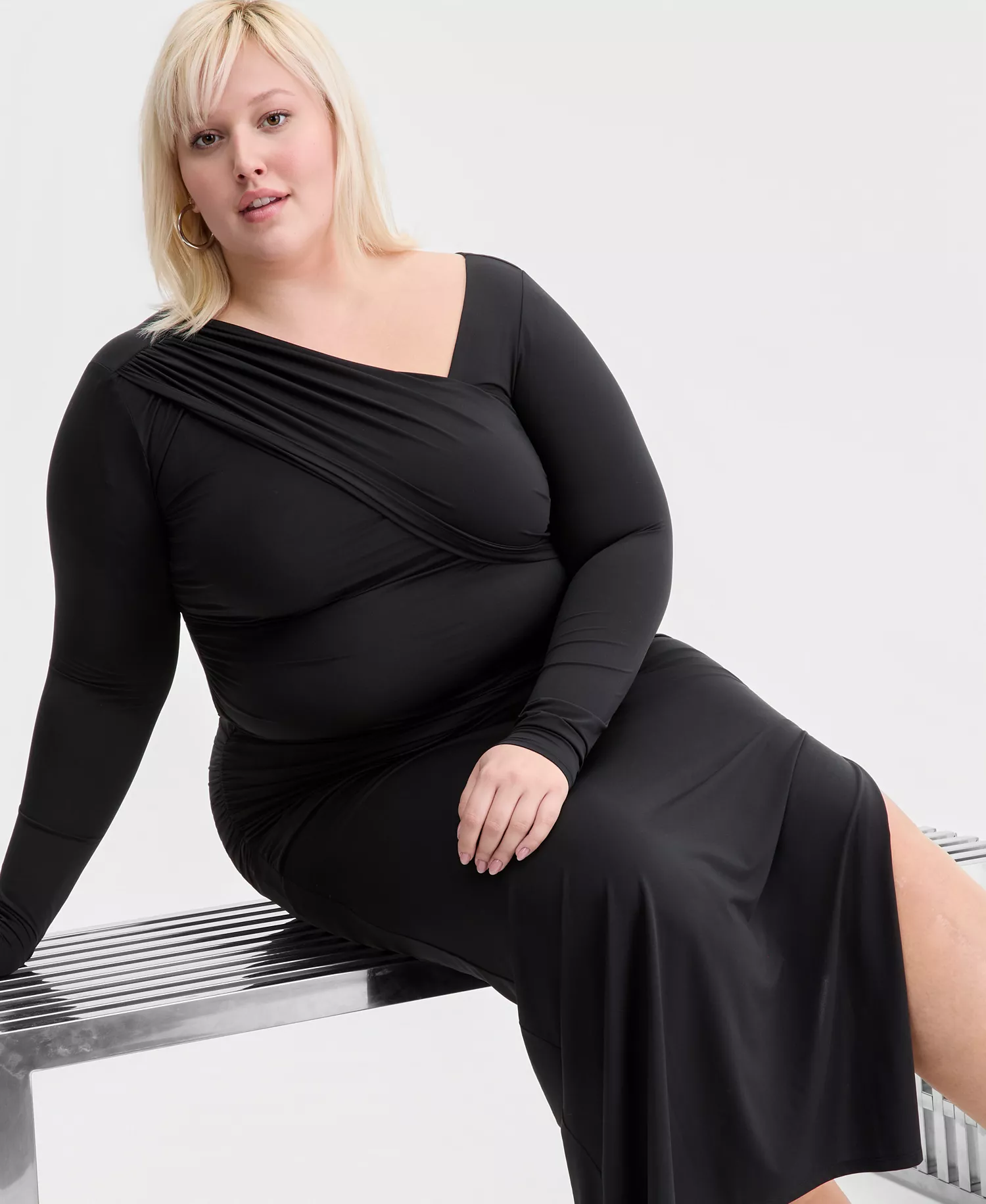 Trendy Plus Size Asymmetrical-Neck Midi Dress, Macy's Exclusive - Black - 0X