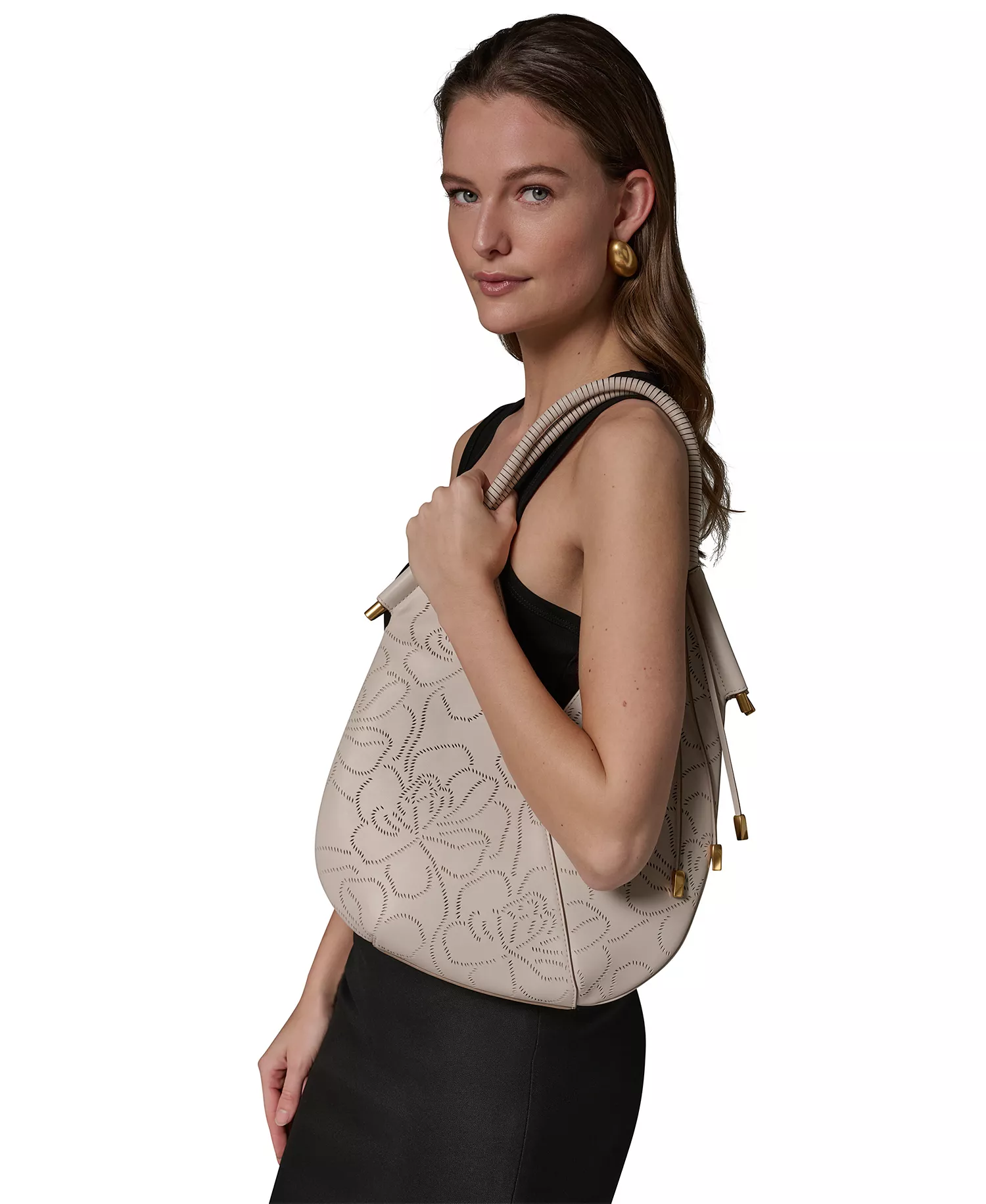 Baldwin Floral Perforated Large Shoulder Bag - Sand - ONE SIZE