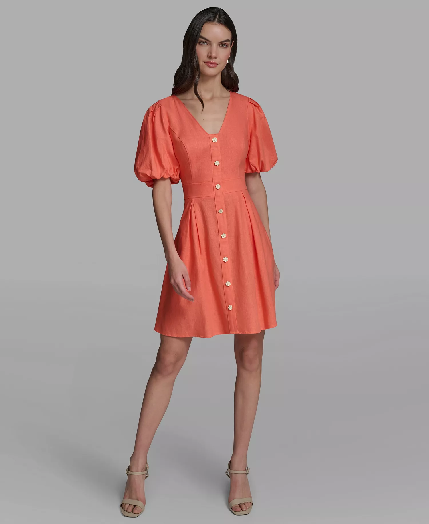 Women's Puff-Sleeve V-Neck Dress - Camelia - 10