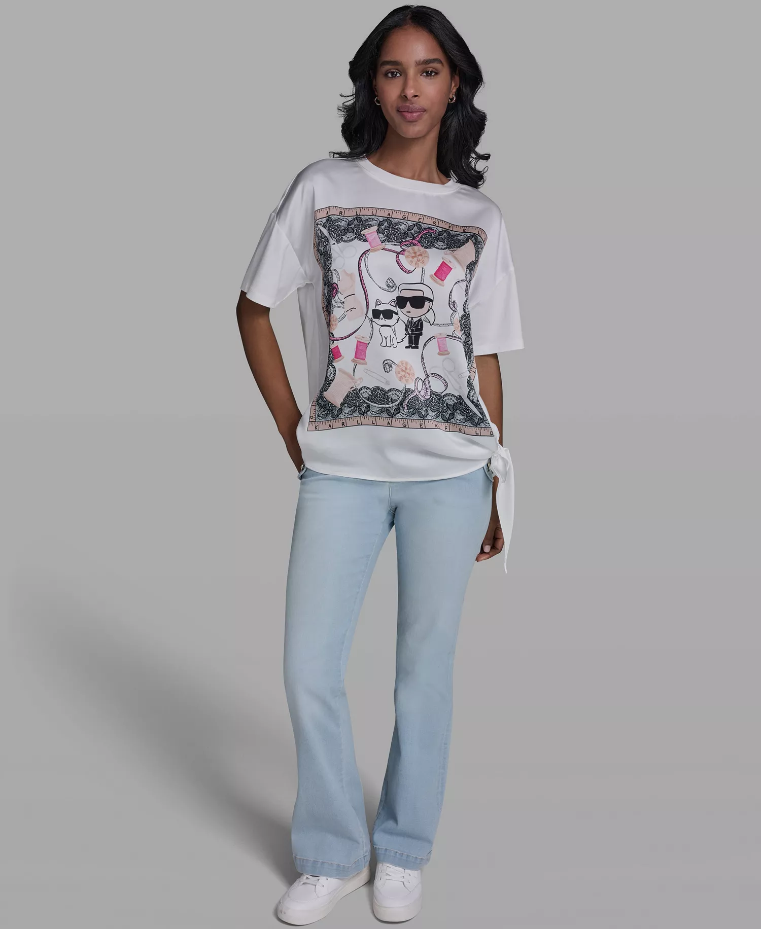 Women's Karl & Choupette Frame Side Tie Crew Neck T-Shirt - Soft White - L