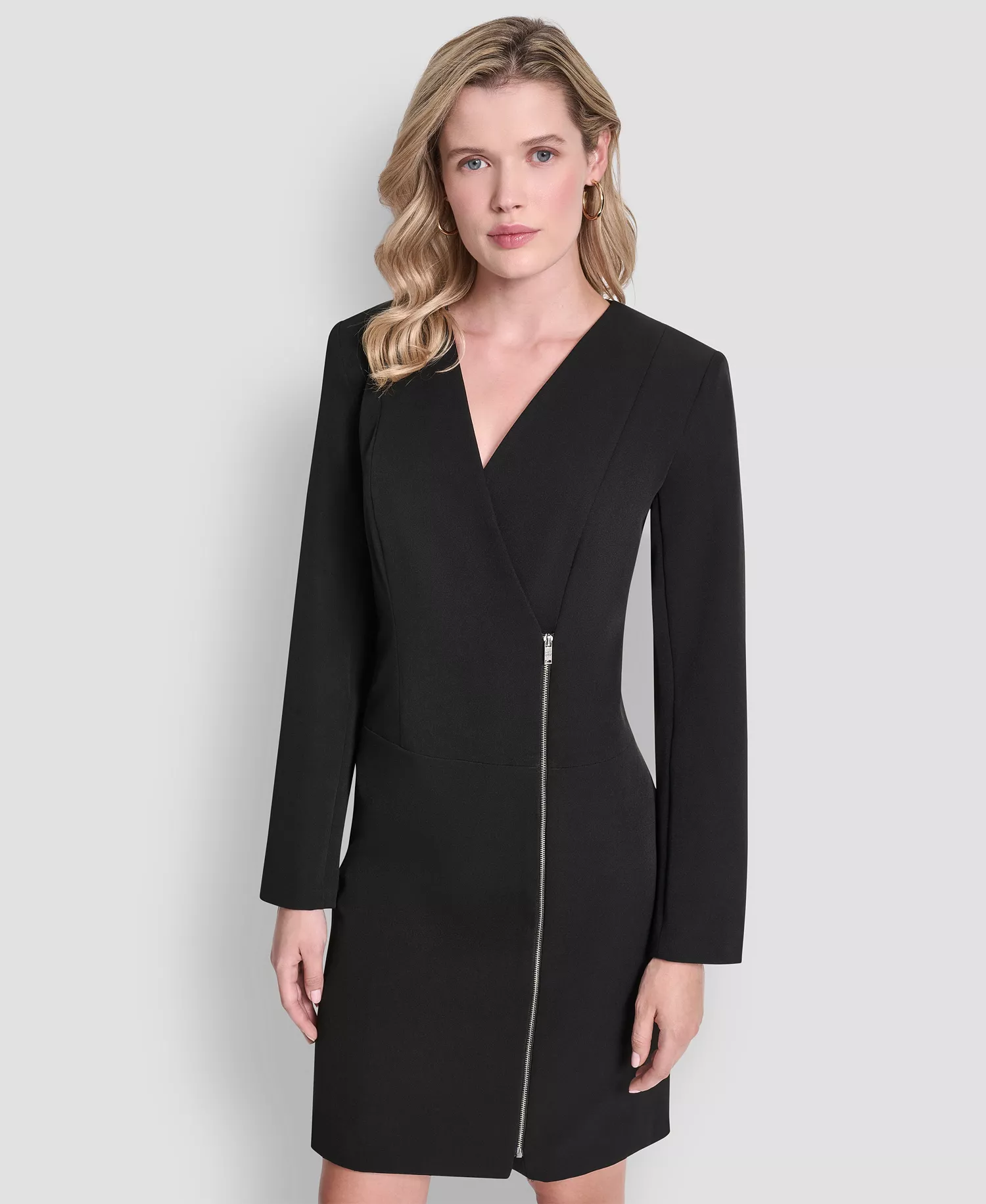 Women's Long-Sleeve Zipper Front A-Line Dress - Black - 0P
