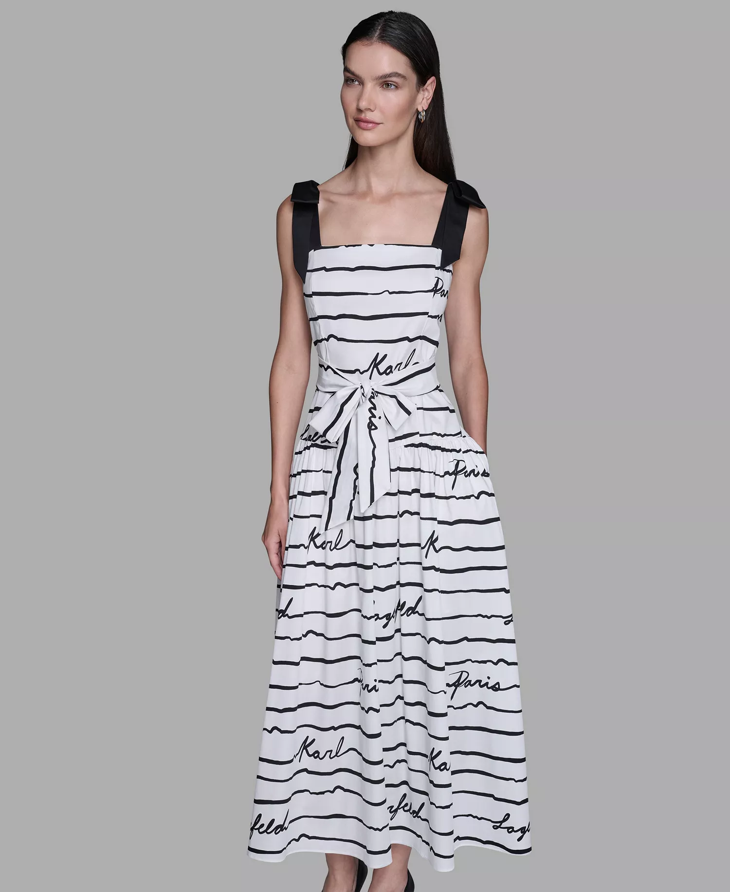 Women's Printed Cotton Sateen Midi Dress - SOft White/ Black Combo - 10