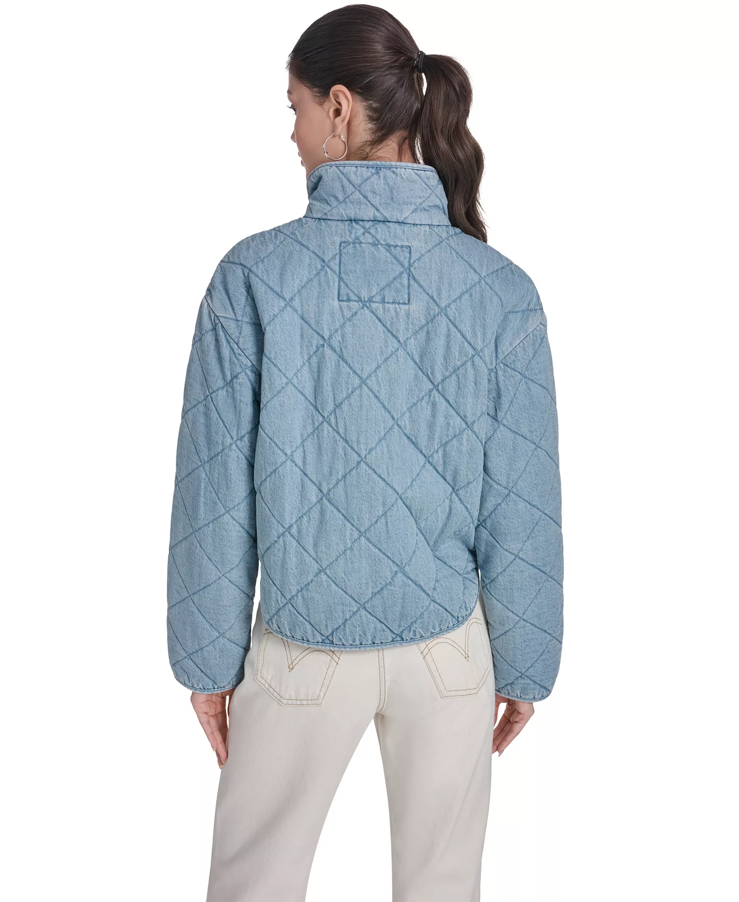 Women's Diamond-Quilted Cotton Jacket - Light Wash Denim - L