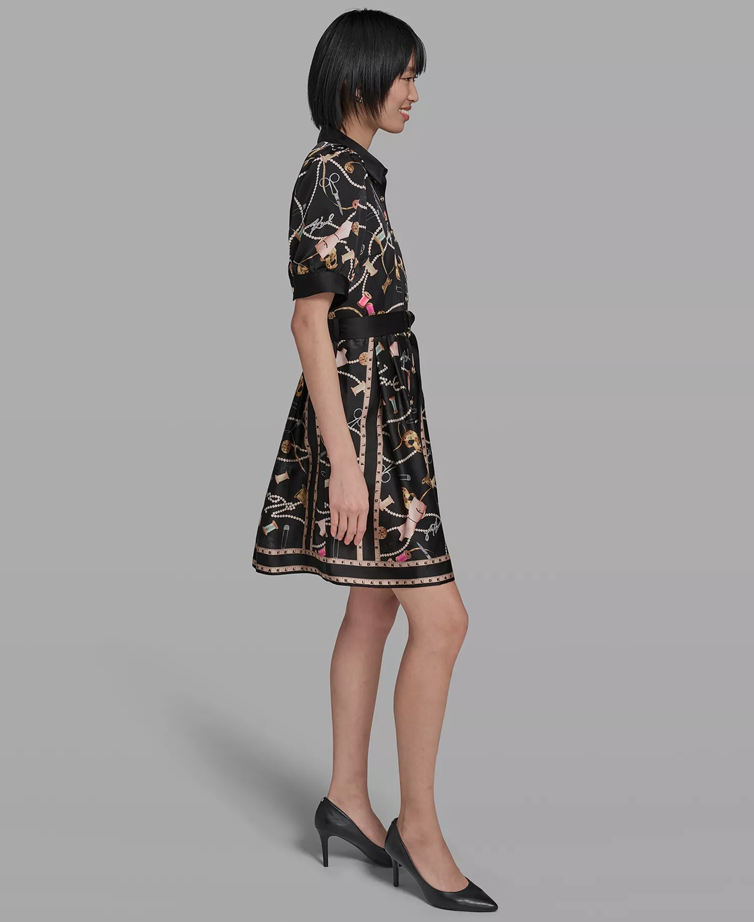 Women's Printed Collared Belt Shirt Dress - Black Combo - 0