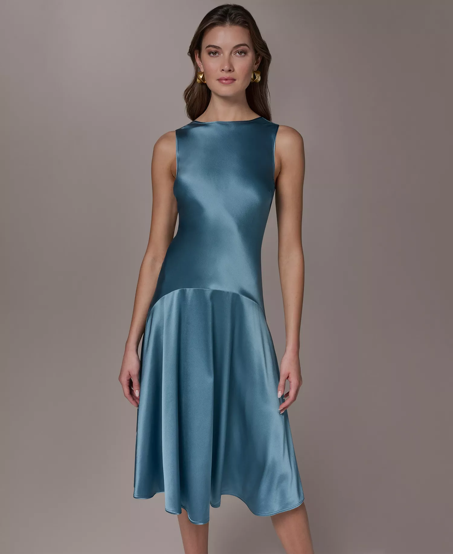 Women's Silk Sleeveless Boat Neck Midi Dress - Washed Indigo - 10