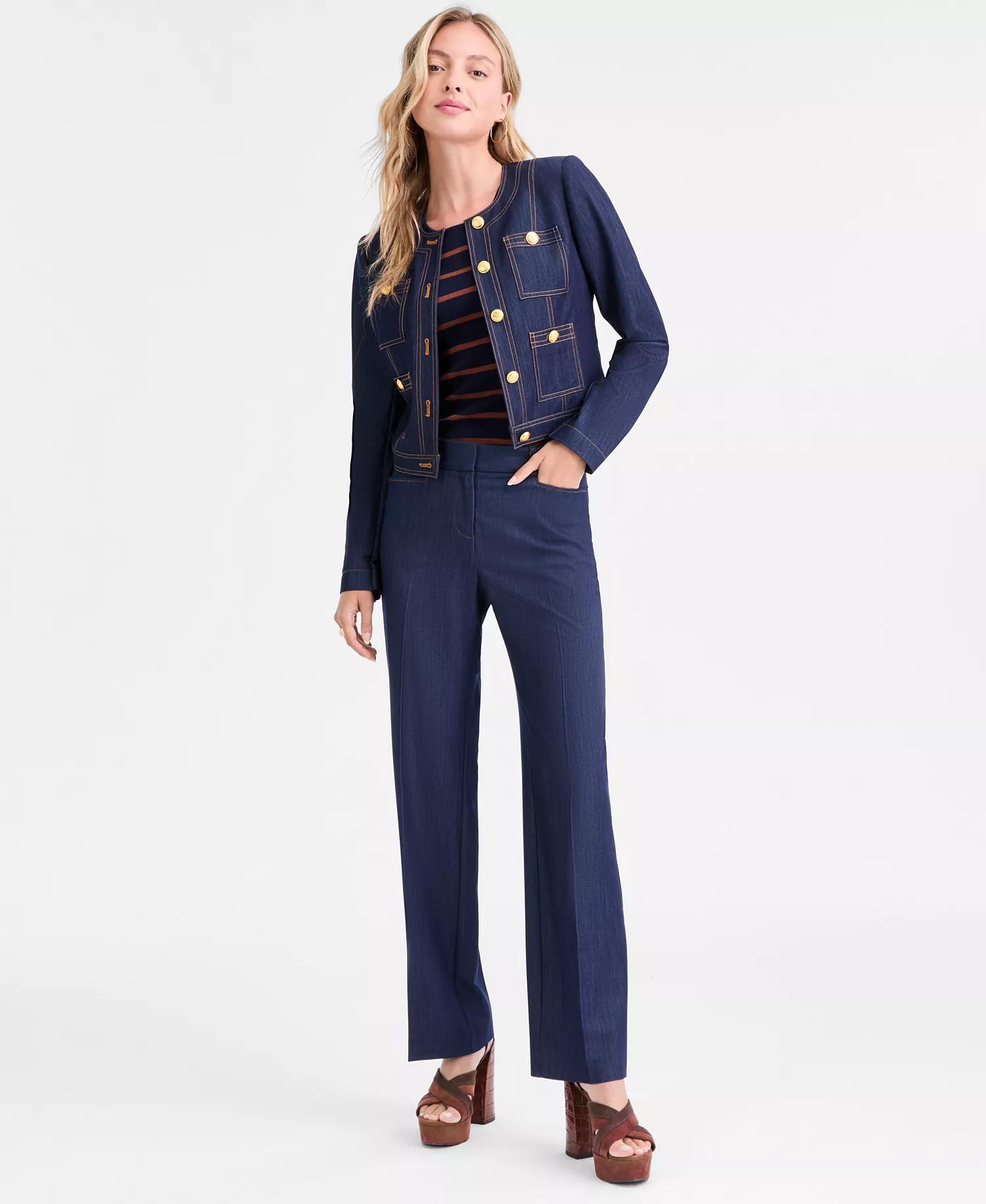 Women's Petite Striped Short-Sleeve Sweater Tee - Navy/tawny - P/L