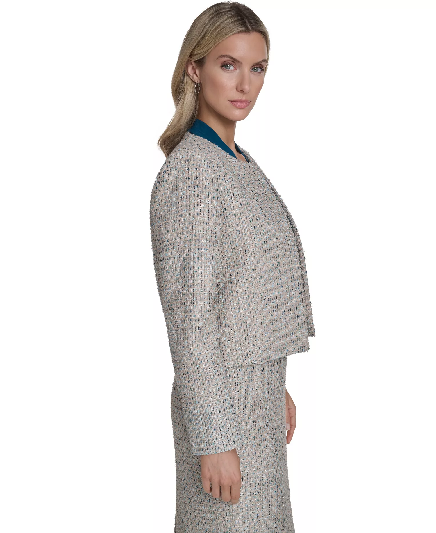 Petite Collarless Open Front Jacket and Knee Length Pencil Fashion Skirt - Latte Multi - 0P