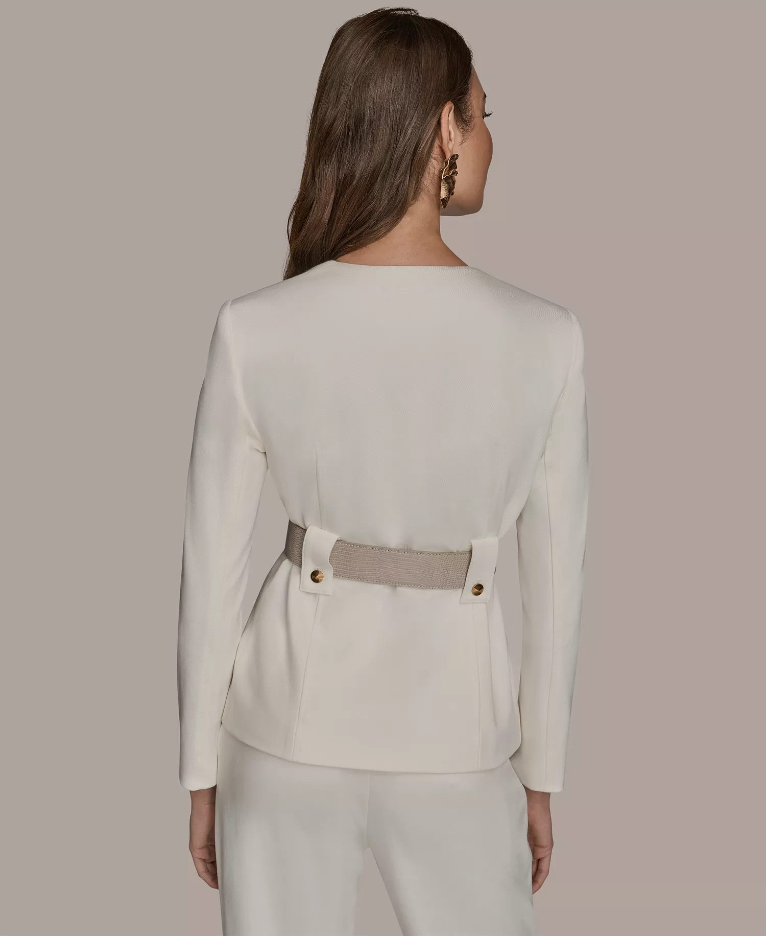 Women's Belted One Button Jacket and Flared Mid-Rise Pants - Cream - 10