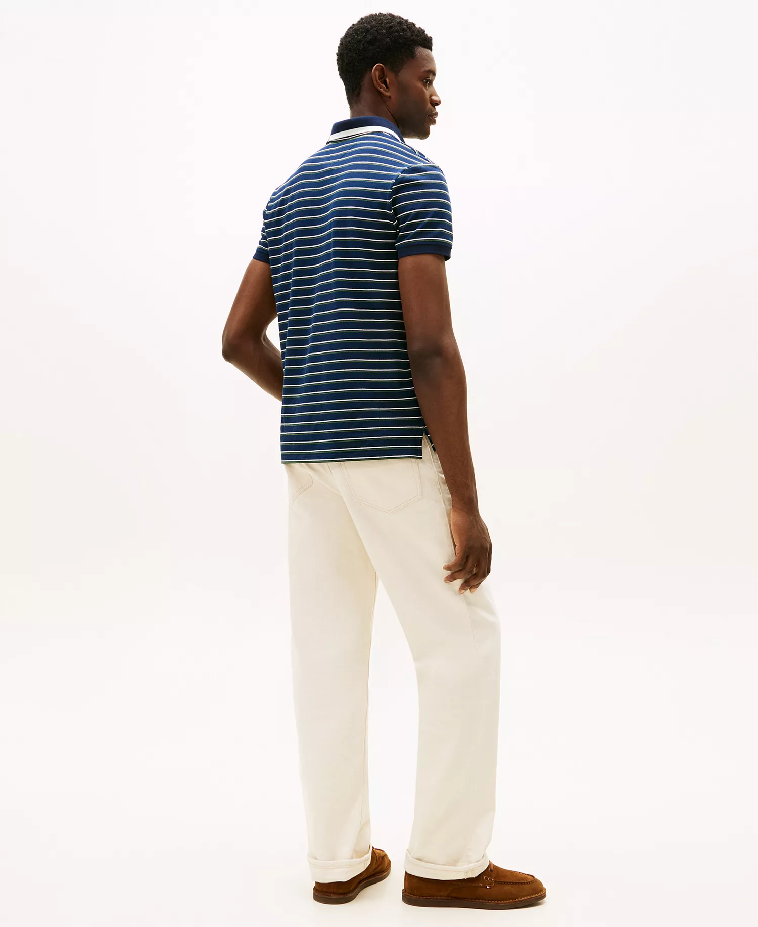 Men's Regular-Fit Pique Graphic Collar Stripe Polo Shirt - Dark Night Navy / Artic Spruce - L