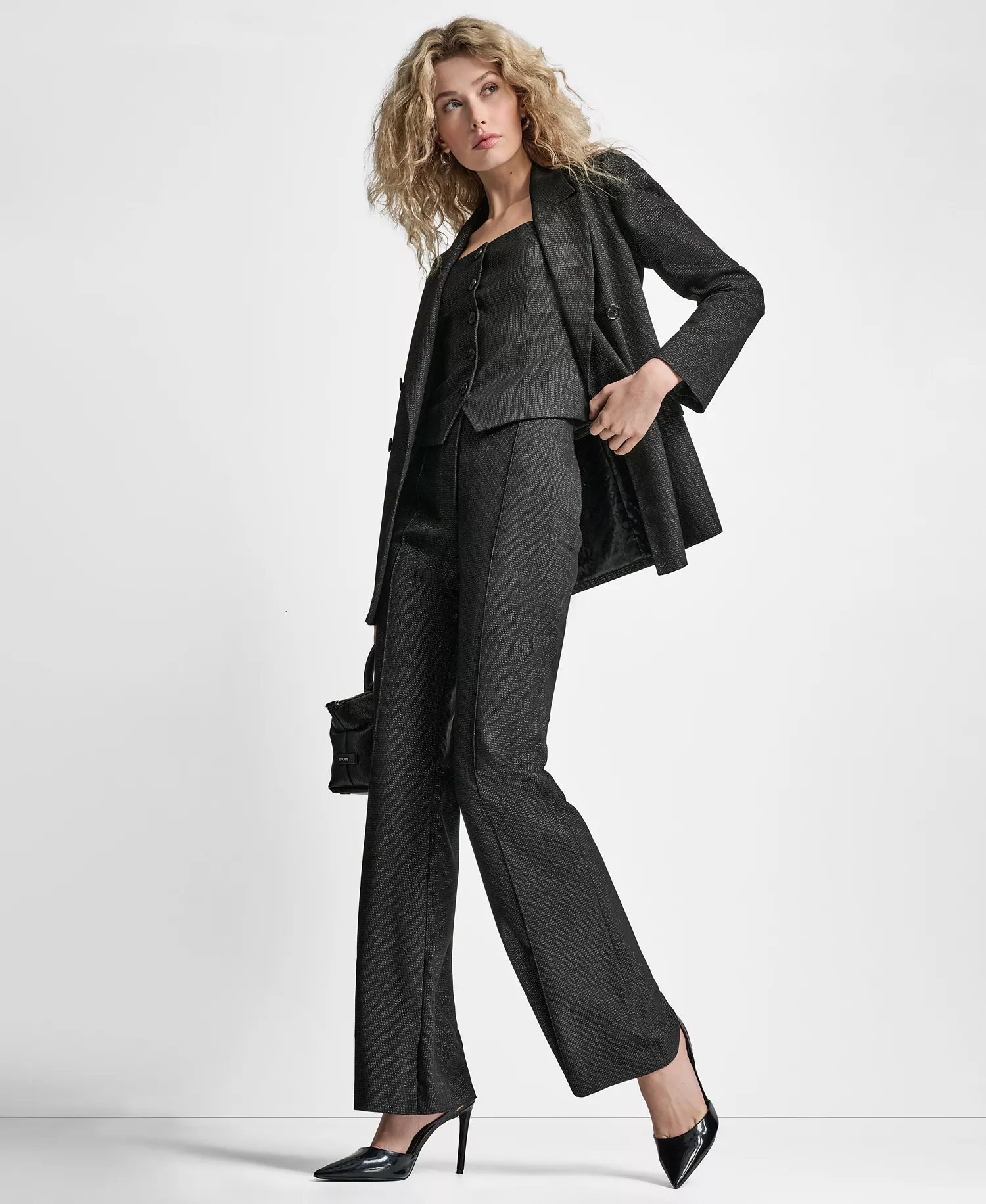 Women's Button-Front Double Breasted Blazer - Black/silver - 10