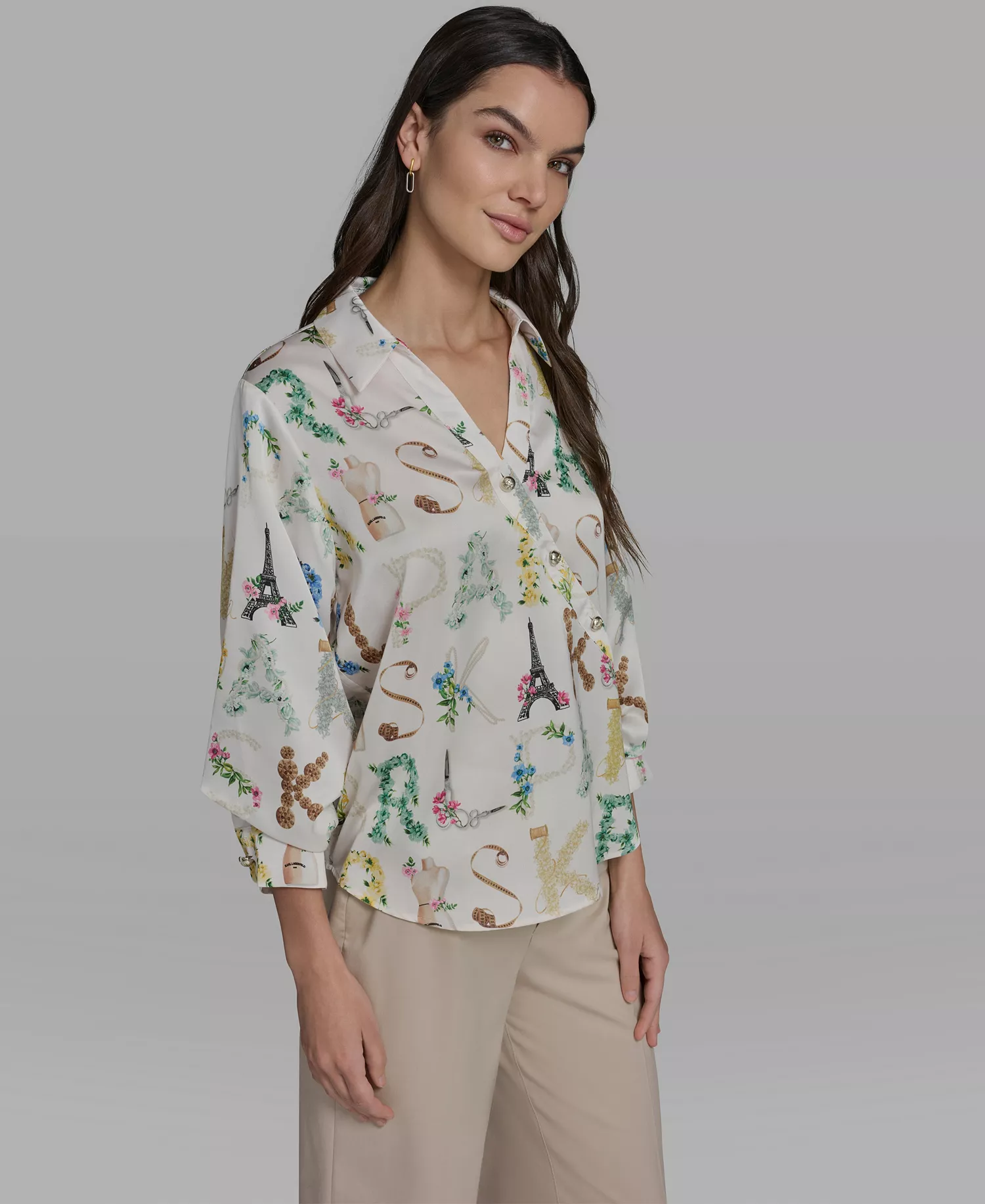 Women's V-Neck Allover Print 3/4-Sleeve Top - Bisque/panna Cotta Multi - L
