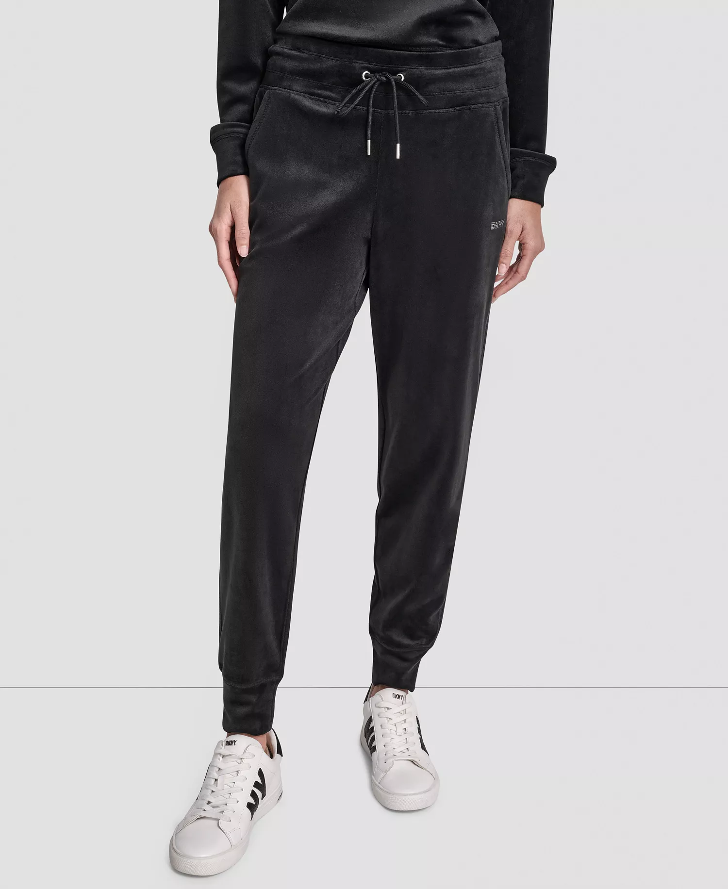 Women's Platinum Velour Rhinestone Logo Slim Fit Joggers - Black - L