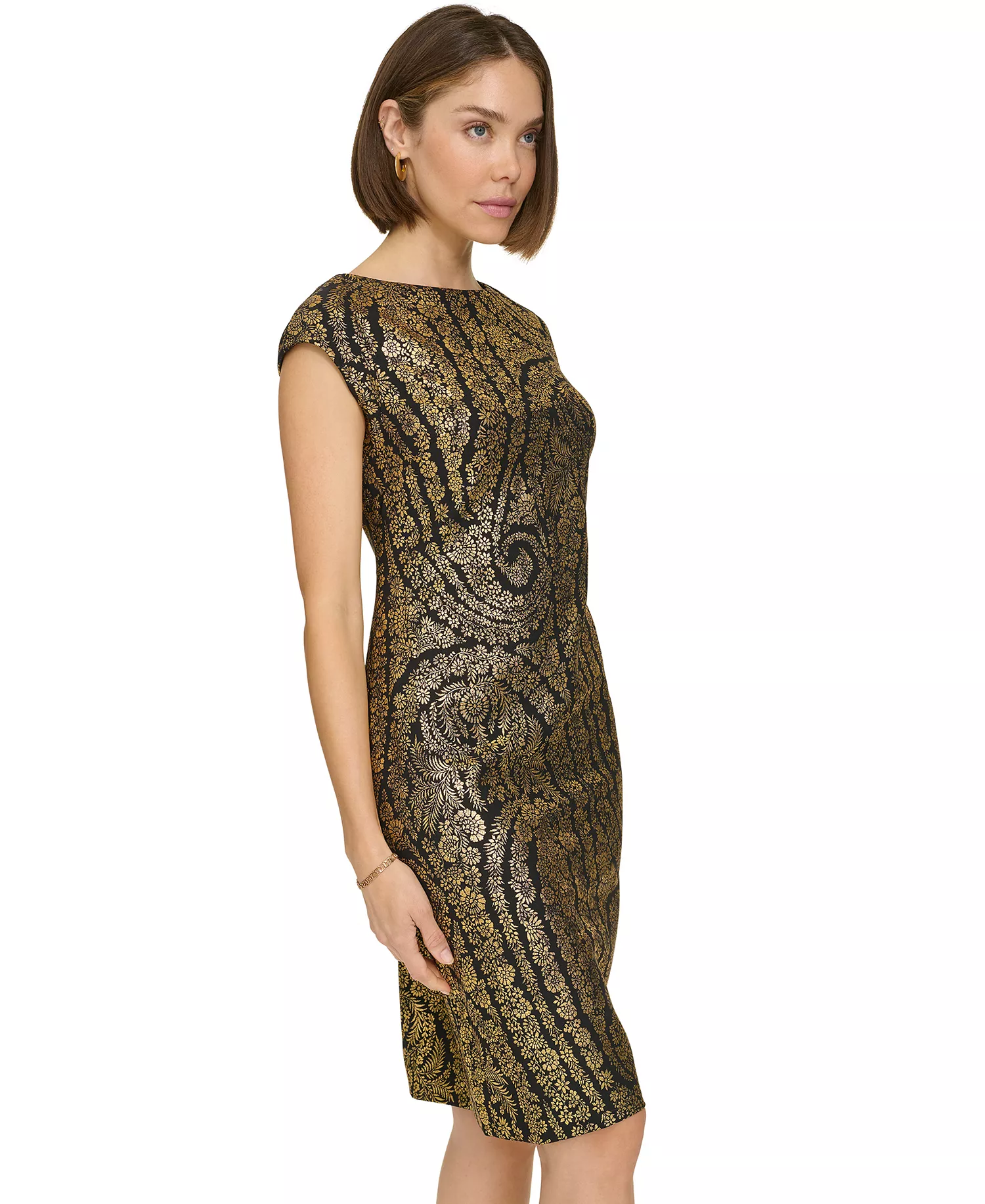 Petite Foil Print Sheath Dress - Black/Gold - 0P