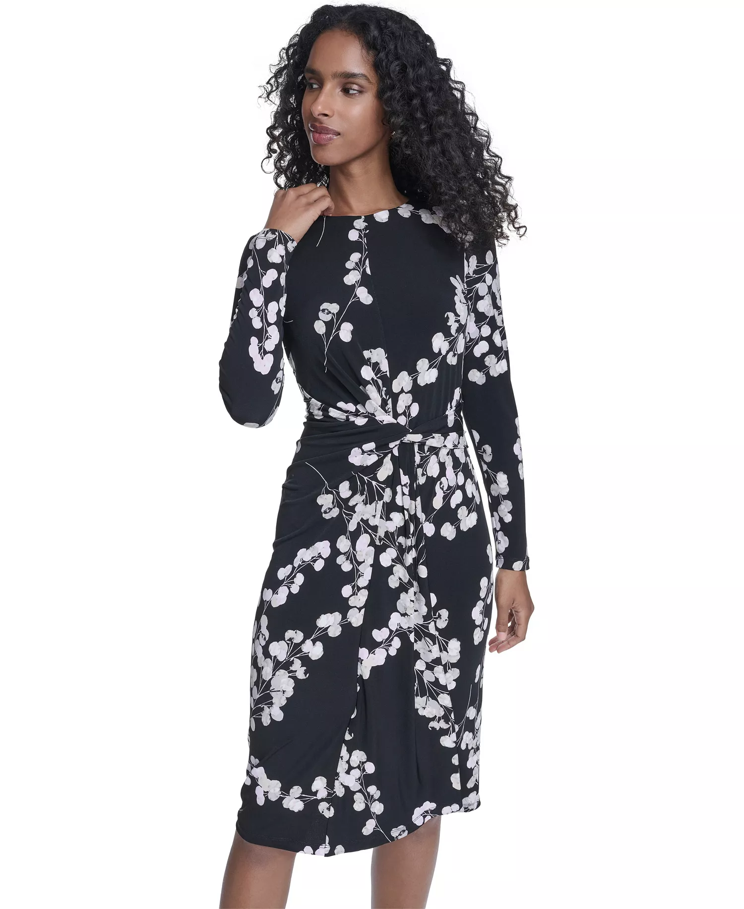 Women's Jersey Surplice Long-Sleeve Crewneck Dress - Black/Cherry Blossom Multi - 0P