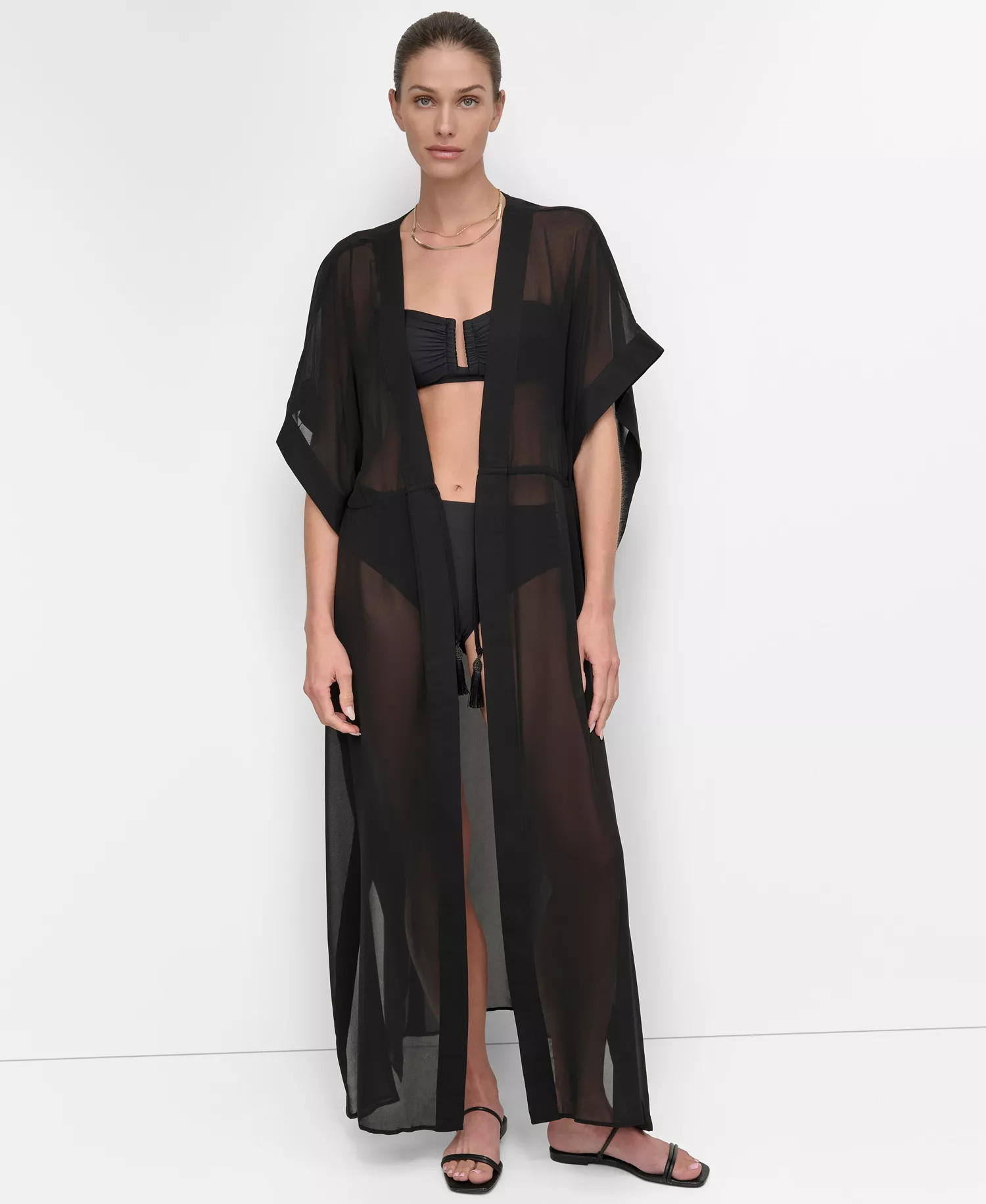 Women's Tie-Front Cover-Up Kaftan - Black - L
