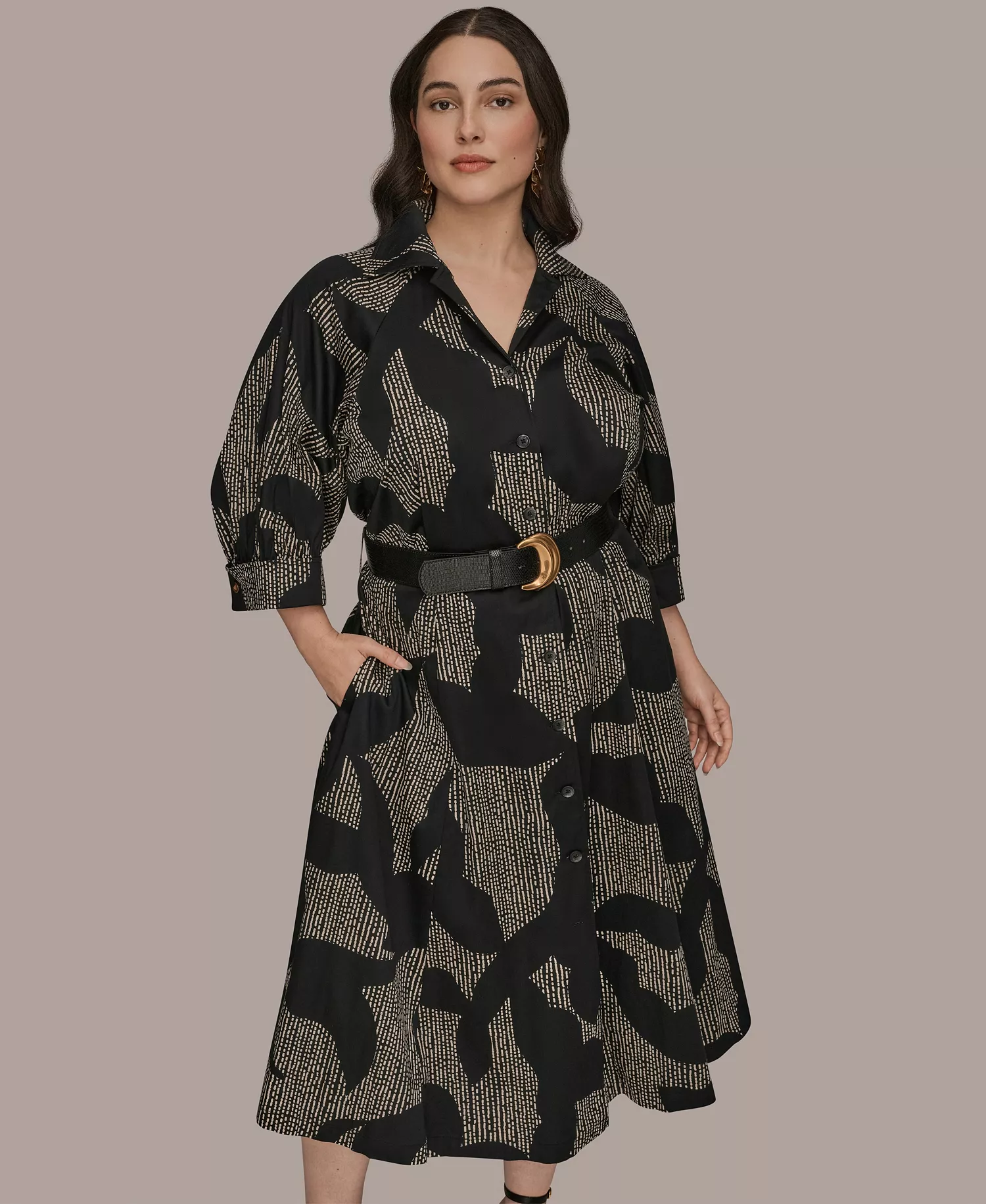 Plus Size Belted Shirt Dress - Black/Sand - 14W