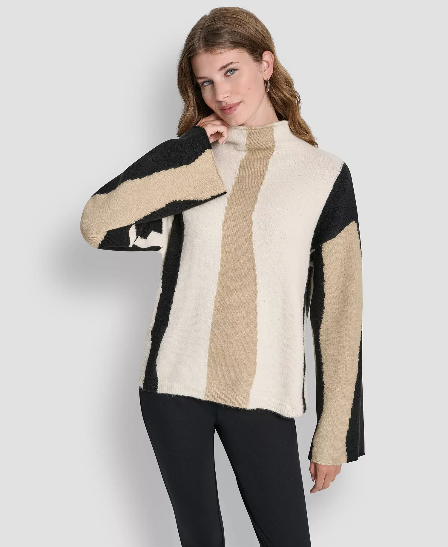 Women's Long-Sleeve Mock Neck Color-Block Sweater - Ecru Multi - L