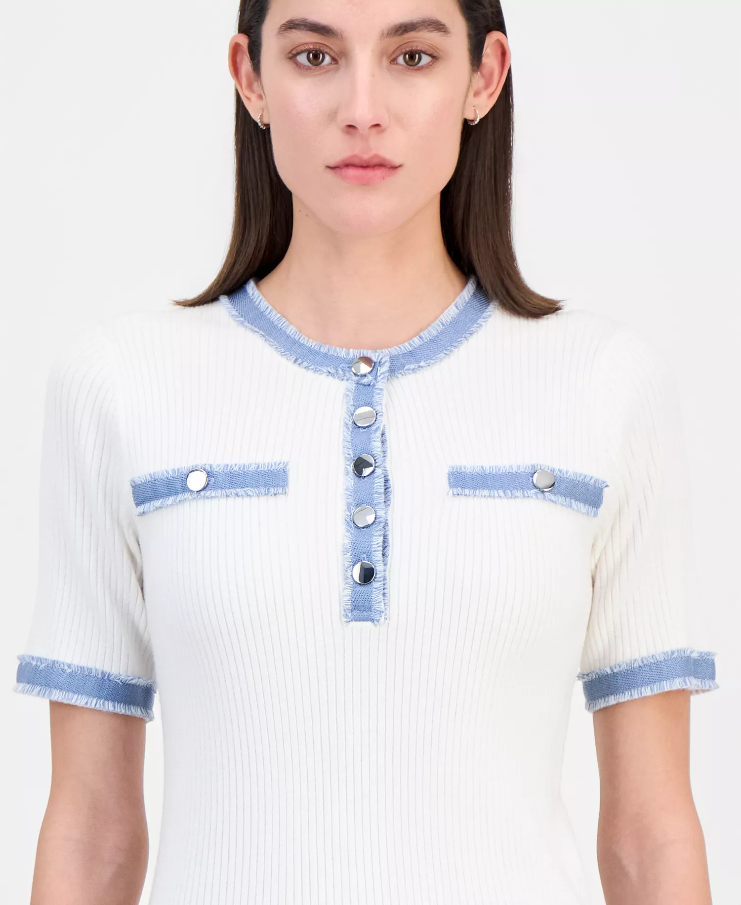 Women's Denim-Trim Ribbed Short-Sleeve Top - White With Denim - L