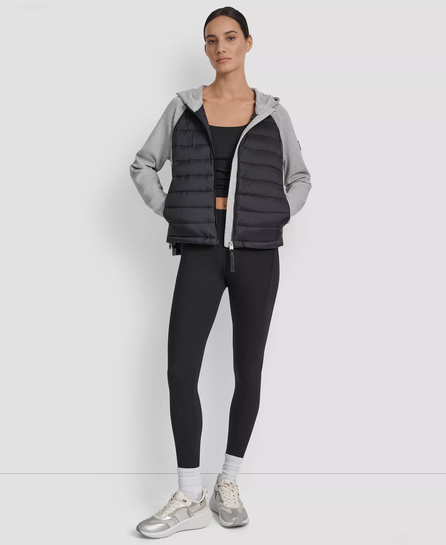 Women's High Low Hem Scuba Mixed Quilted Puffer Jacket - Matte Black/ Pearl Grey Heather - L