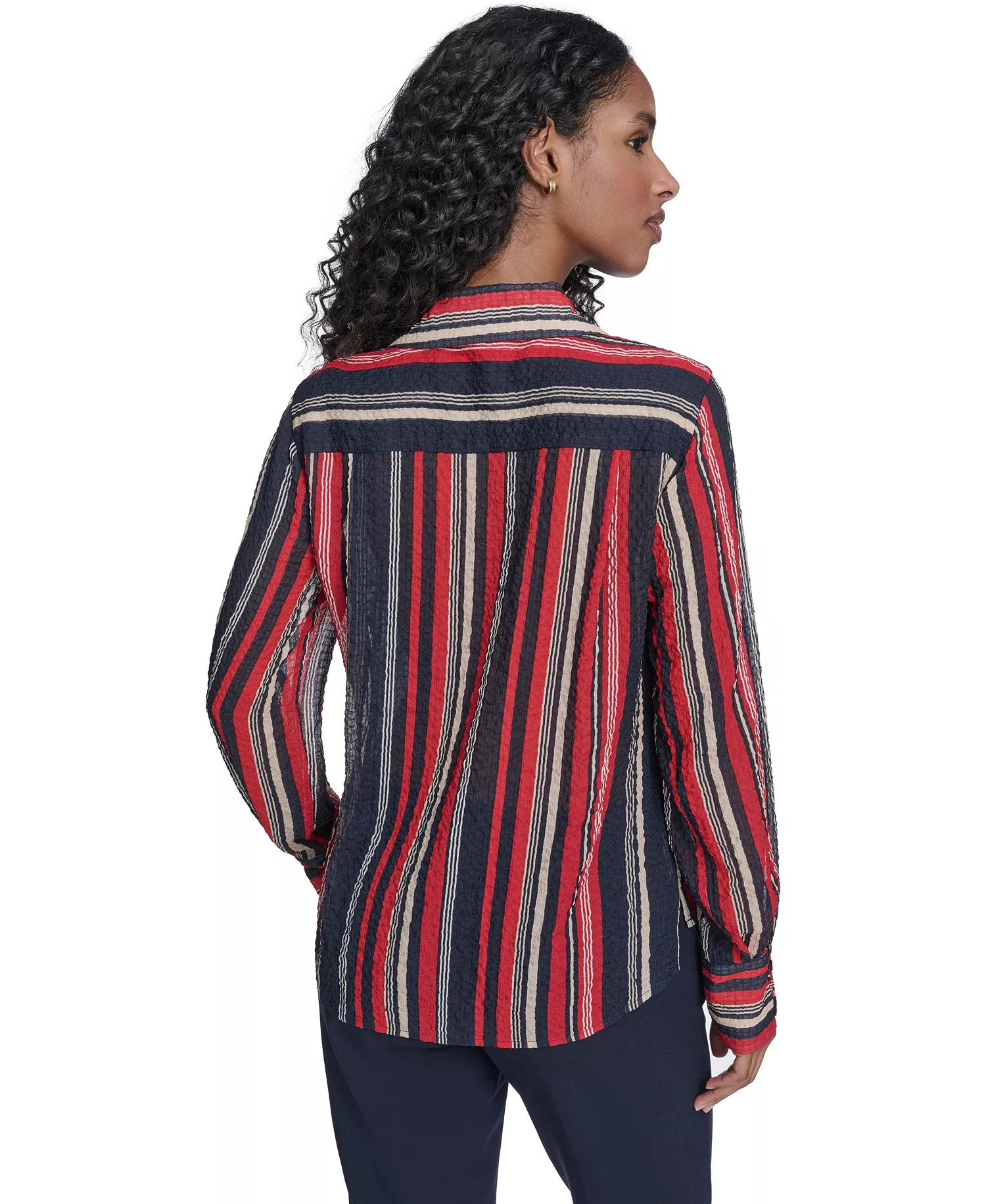 Women's Striped Long Sleeve Pull-On Blouse - Midnight/ Scarlet - L