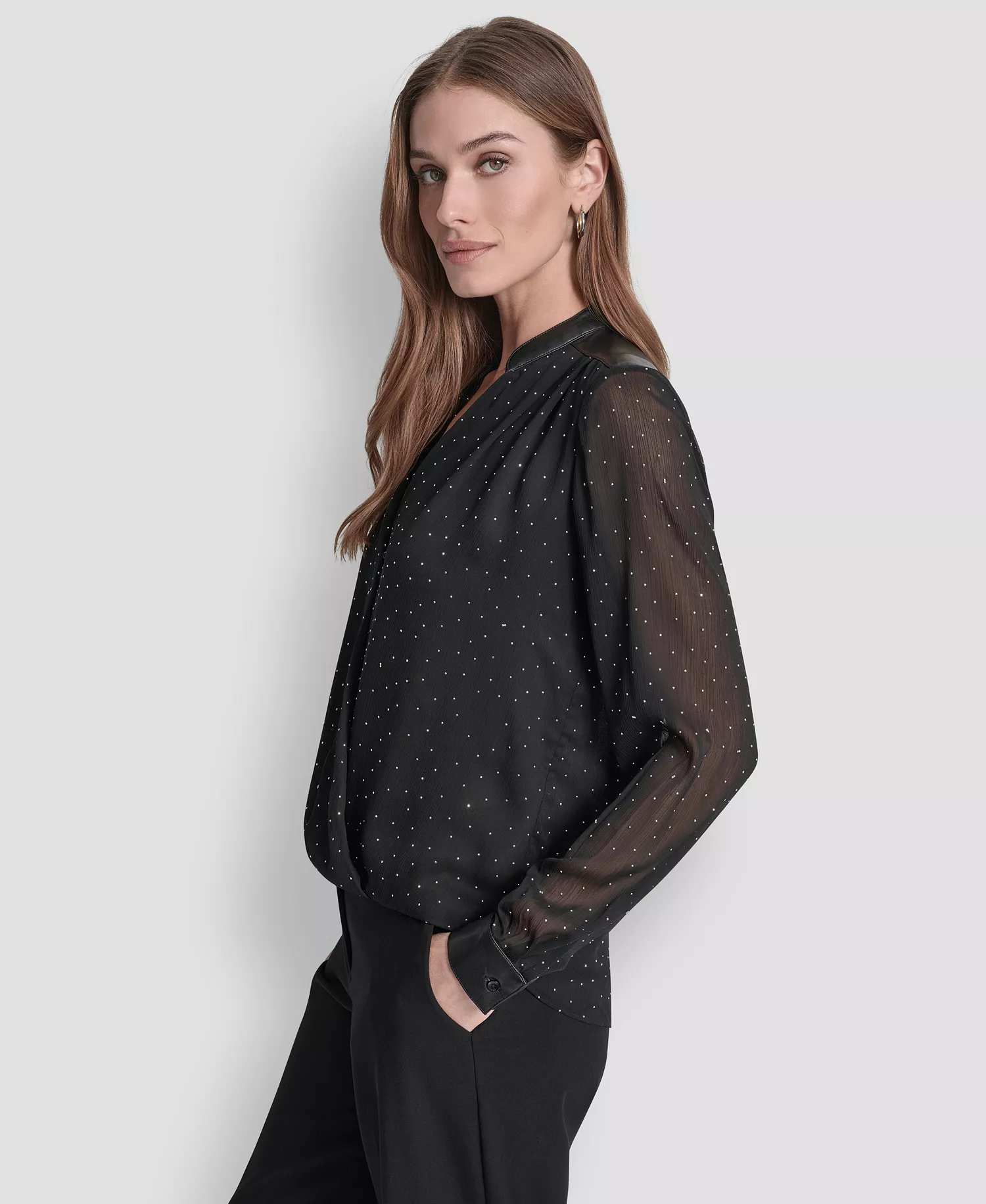 Women's Embellished Surplice Neck Top - Black - S