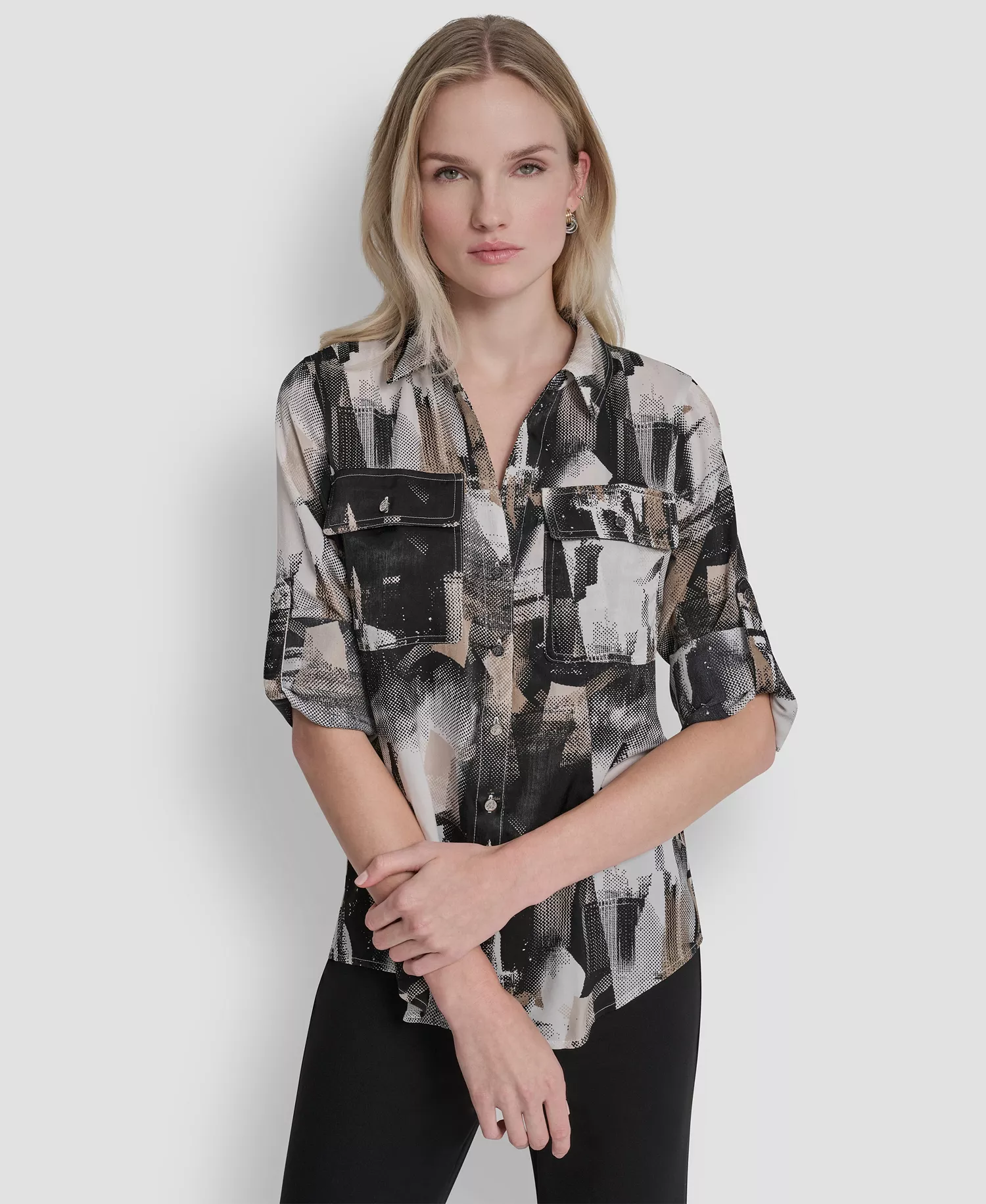 Women's Printed Roll-Tab Shirt - Ivory Skyline Collage - L