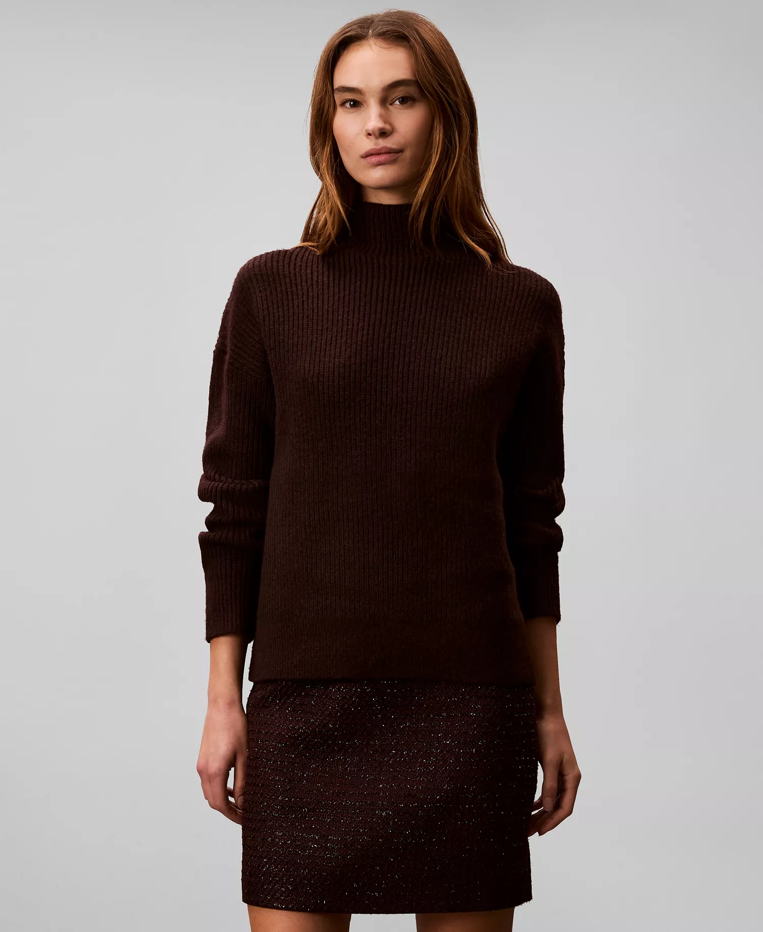 Women's Textured Tweed Mini Skirt - Mocha Brown - 10