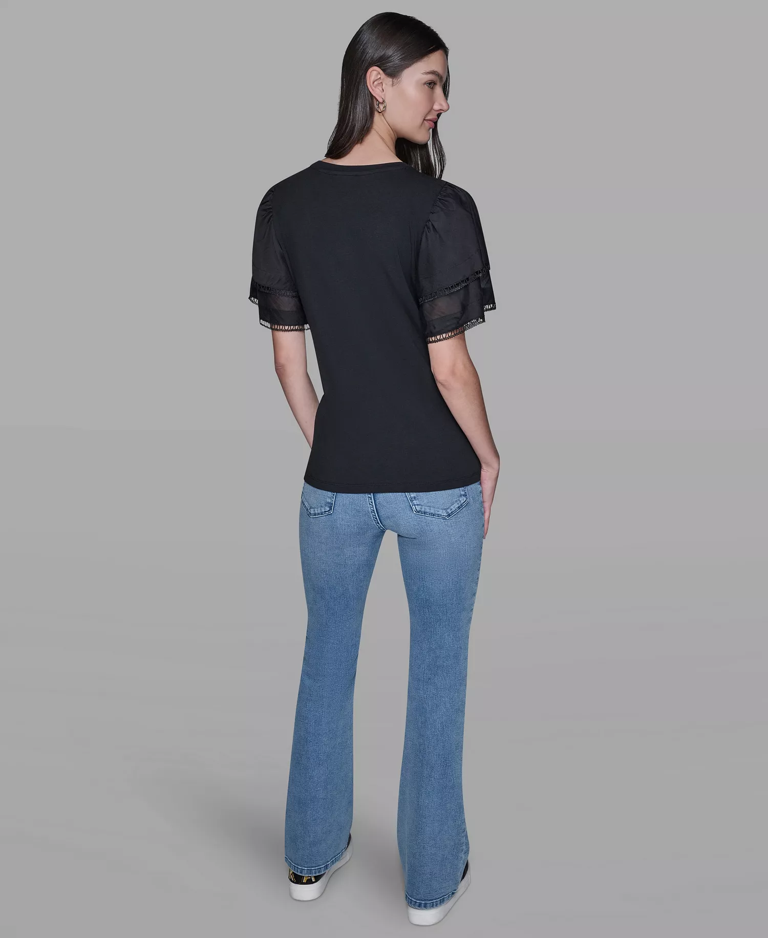 Women's Ruffled Crewneck Floral Top - Black - L