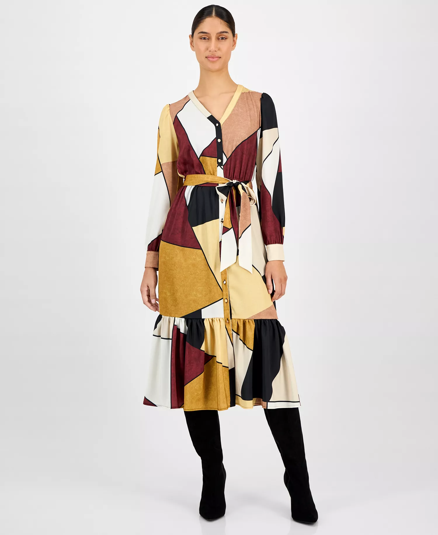 Women's Printed Button-Front Midi Dress - Sueded Blocks - L