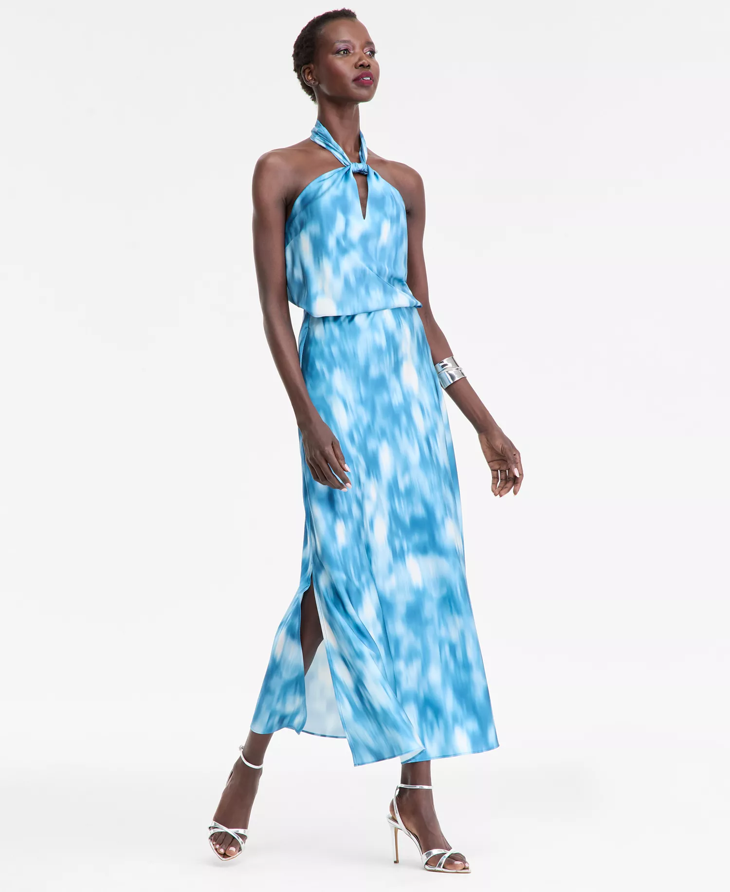 Women's Printed Satin Midi Skirt, Macy's Exclusive - Glimmer Abstr Blue - L