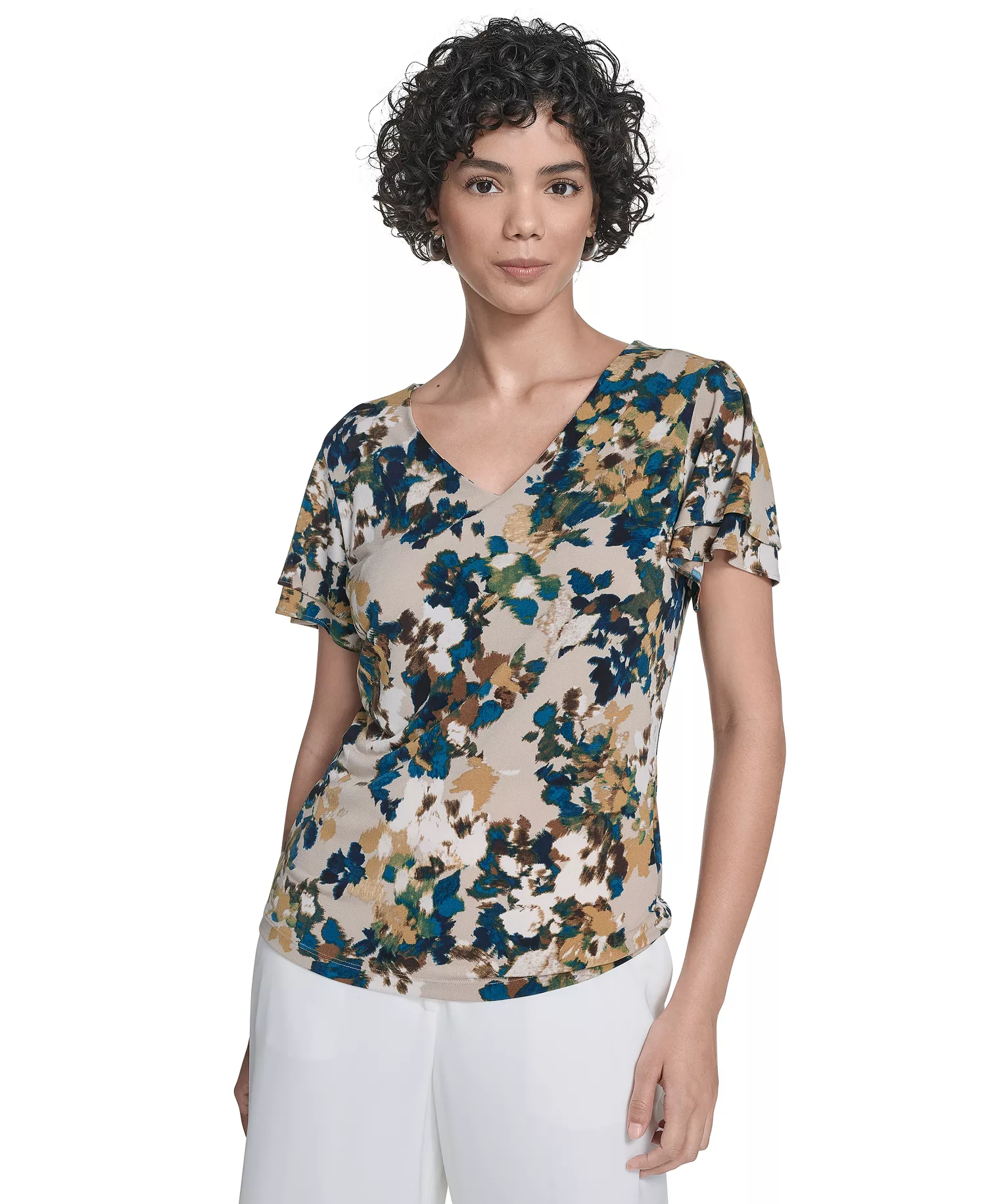Women's Printed Flutter-Sleeve V-Neck Top - Navy Multi - L